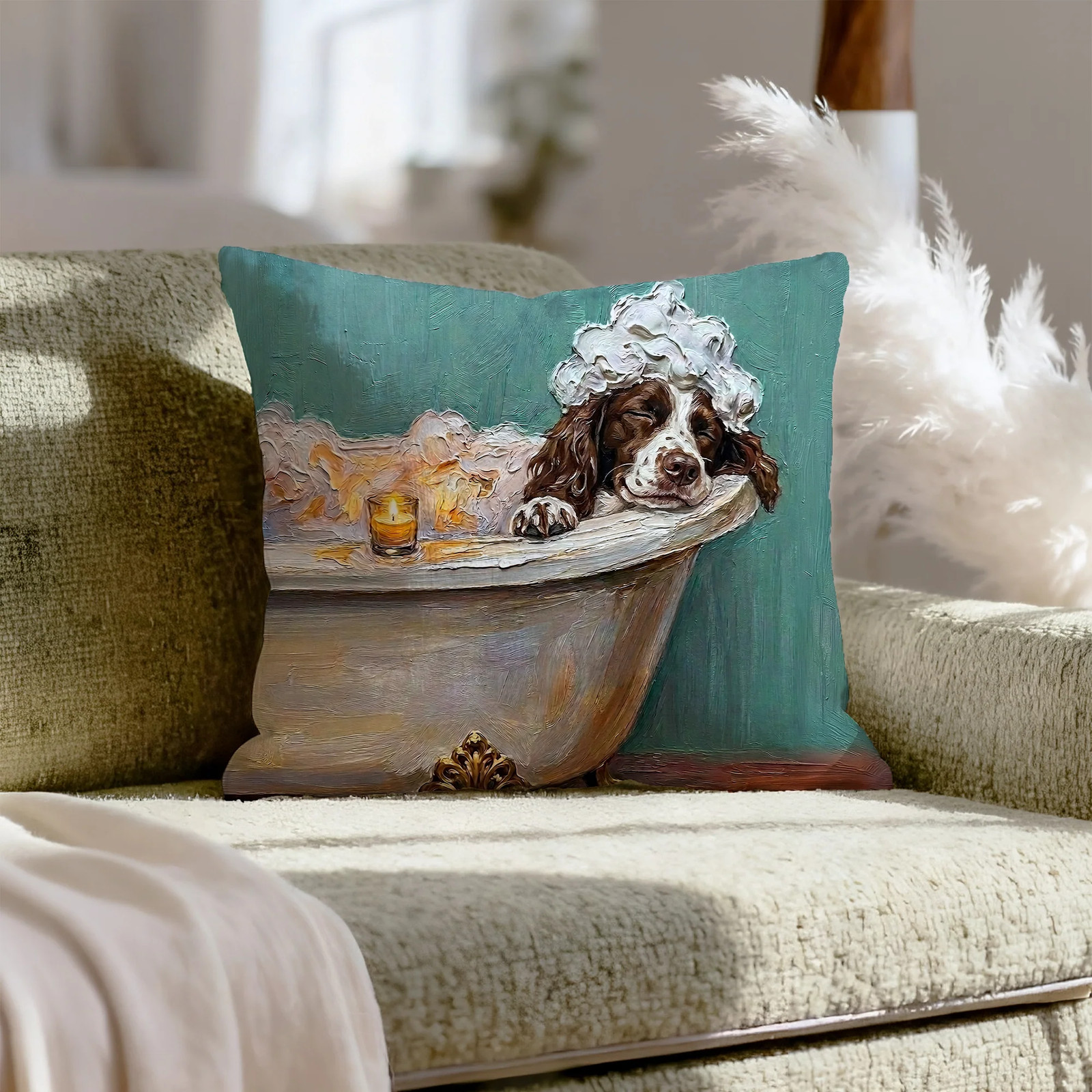 "Spa Day" - Springer Spaniel Pillow Cover - Dog Lover Wall Art Home Decor