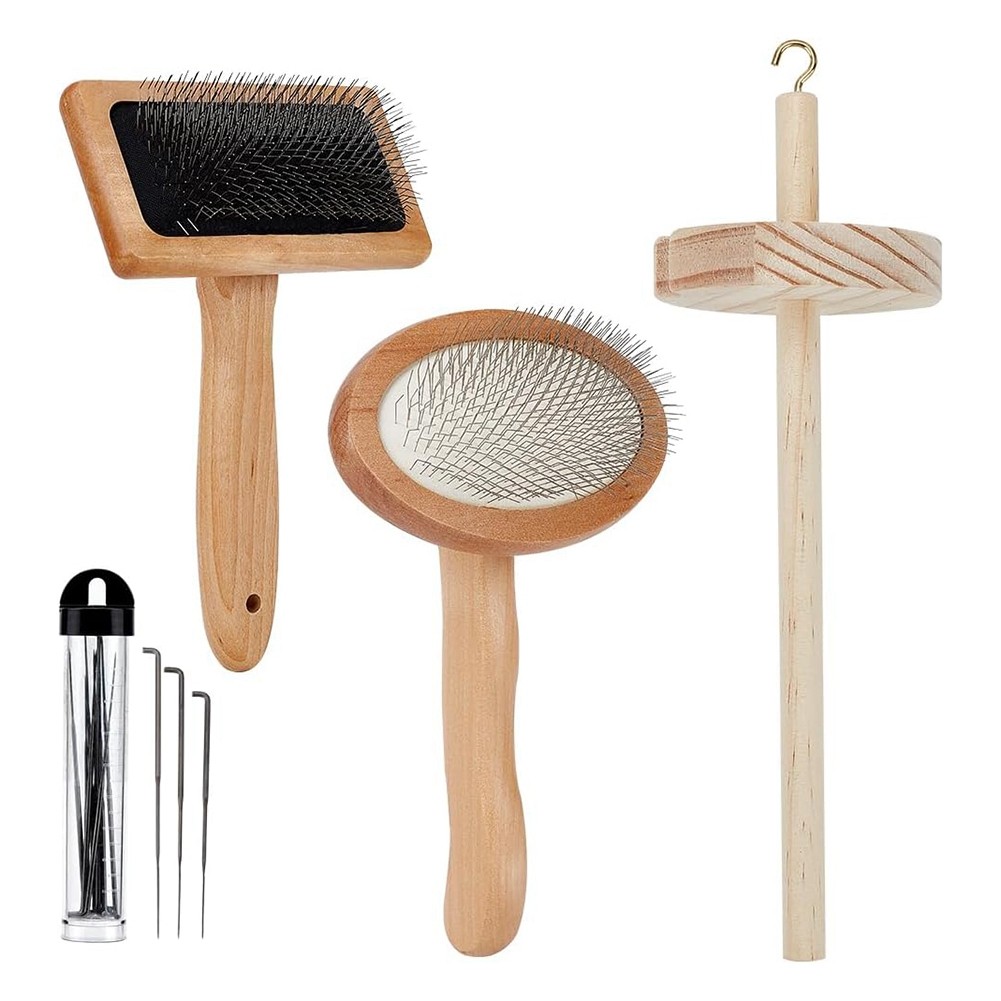 4Pcs Wooden Wool Carder,Slicker Brush Wood -Tool Felting Tool Kit with1824