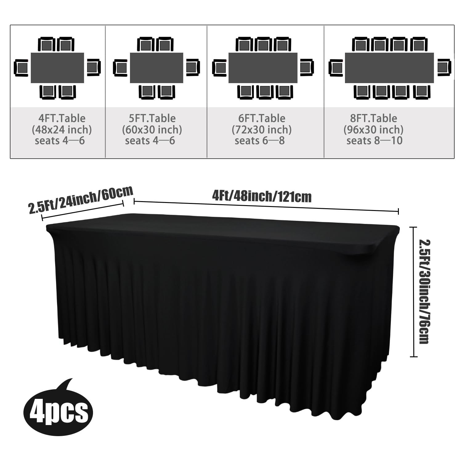 4-Pack Black Table Skirts for 4-Foot Rectangle Tables | 48''L x 24'... Fast Ship