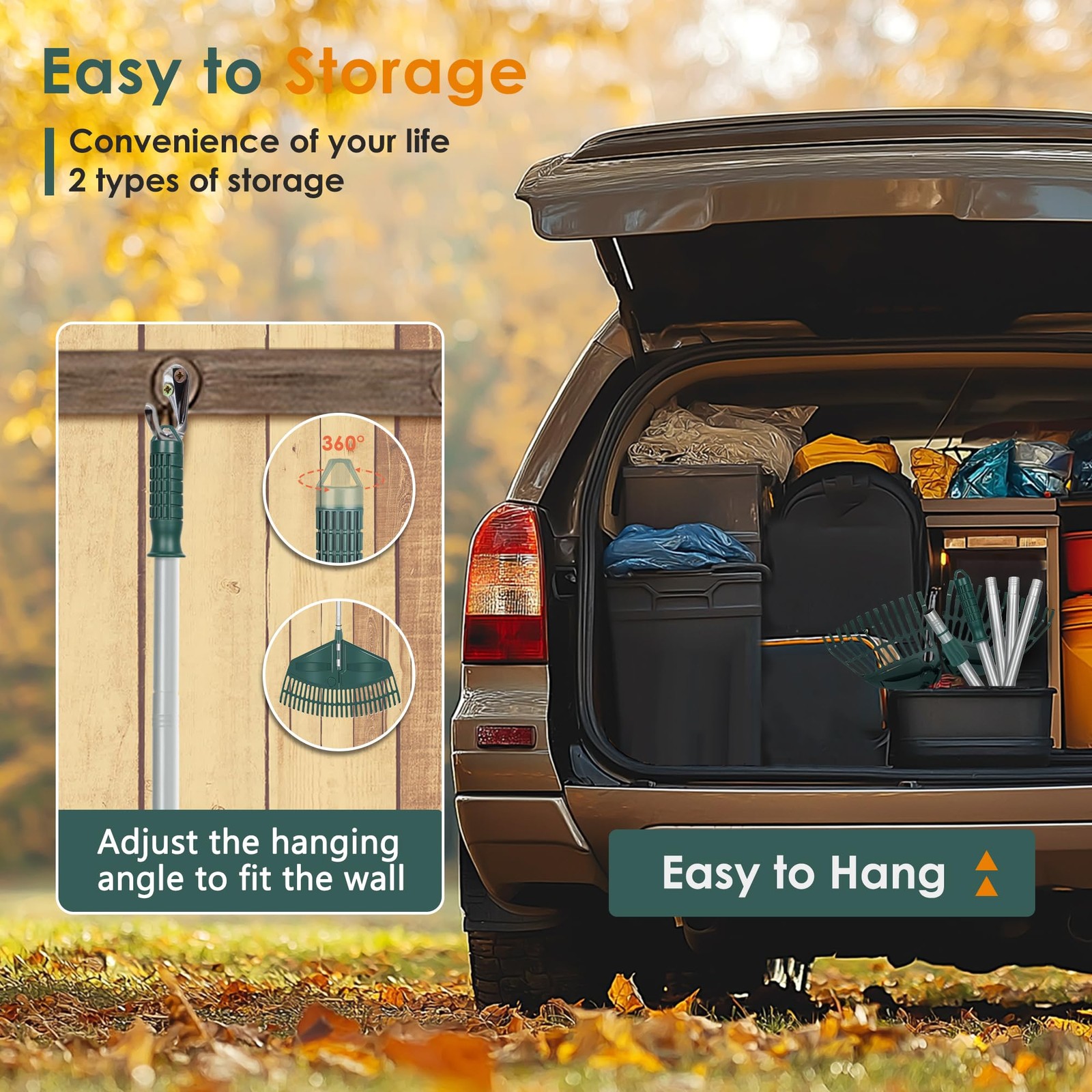 69" Adjustable Leaf Rake with 5-Section Handle, 26-Tine Durable Plastic Head,...