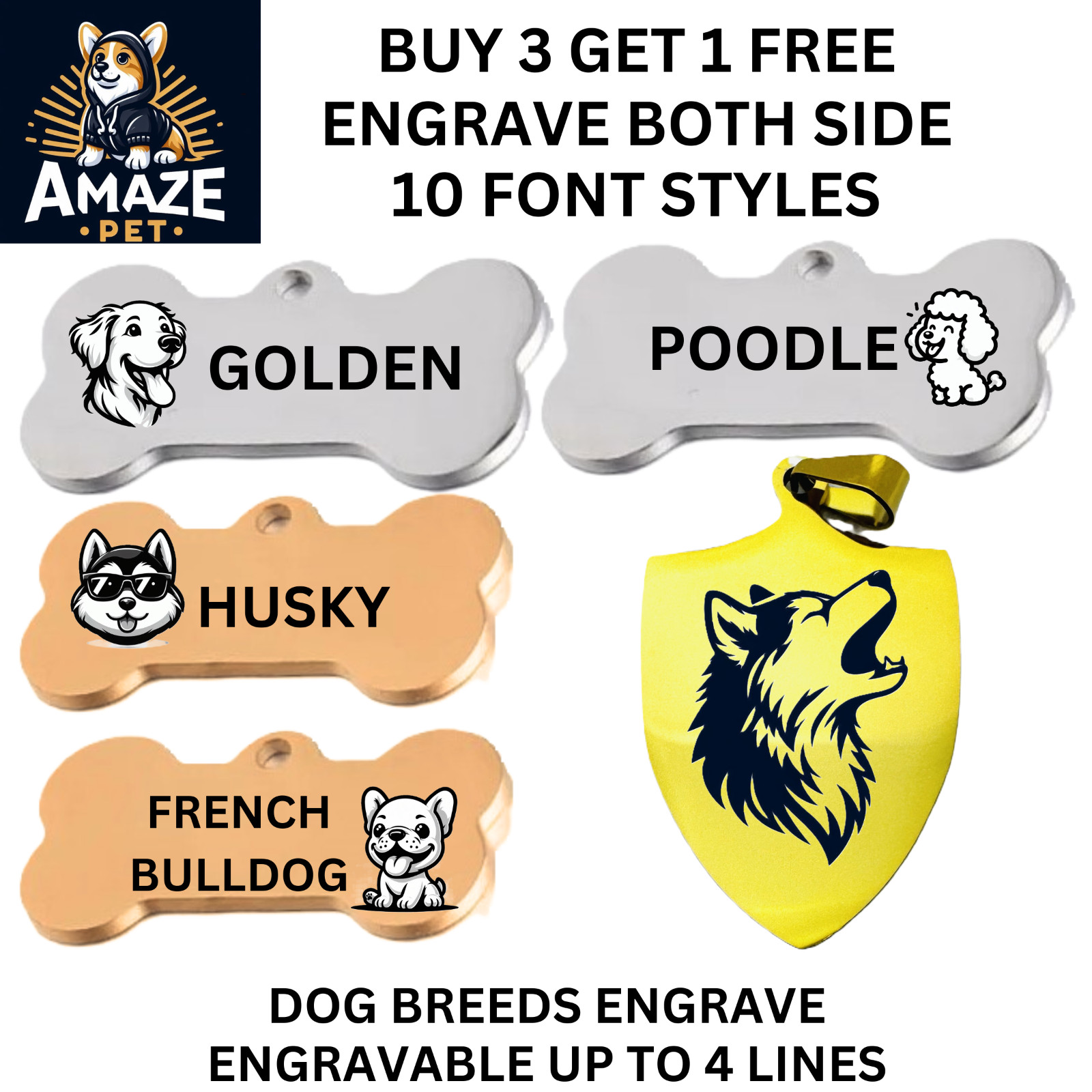 LASER ENGRAVING STAINLESS STEEL DOG CAT PET TAG - FLEXIBLE CUSTOMIZE - BOTH SIDE