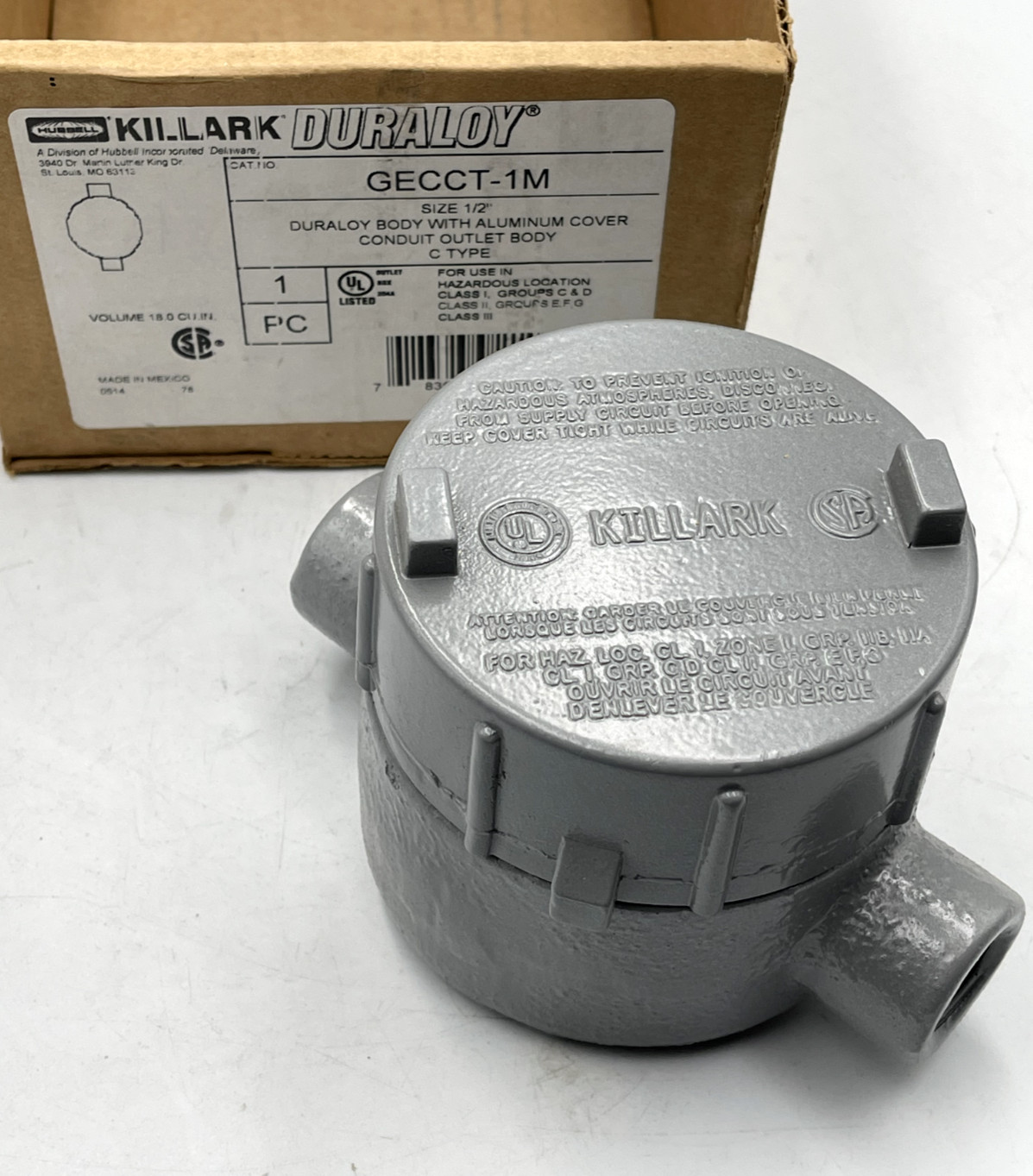 Killark Duraloy GECCT-1M Malleable Iron Conduit Body 1/2" C-Type w/ Alum Cover