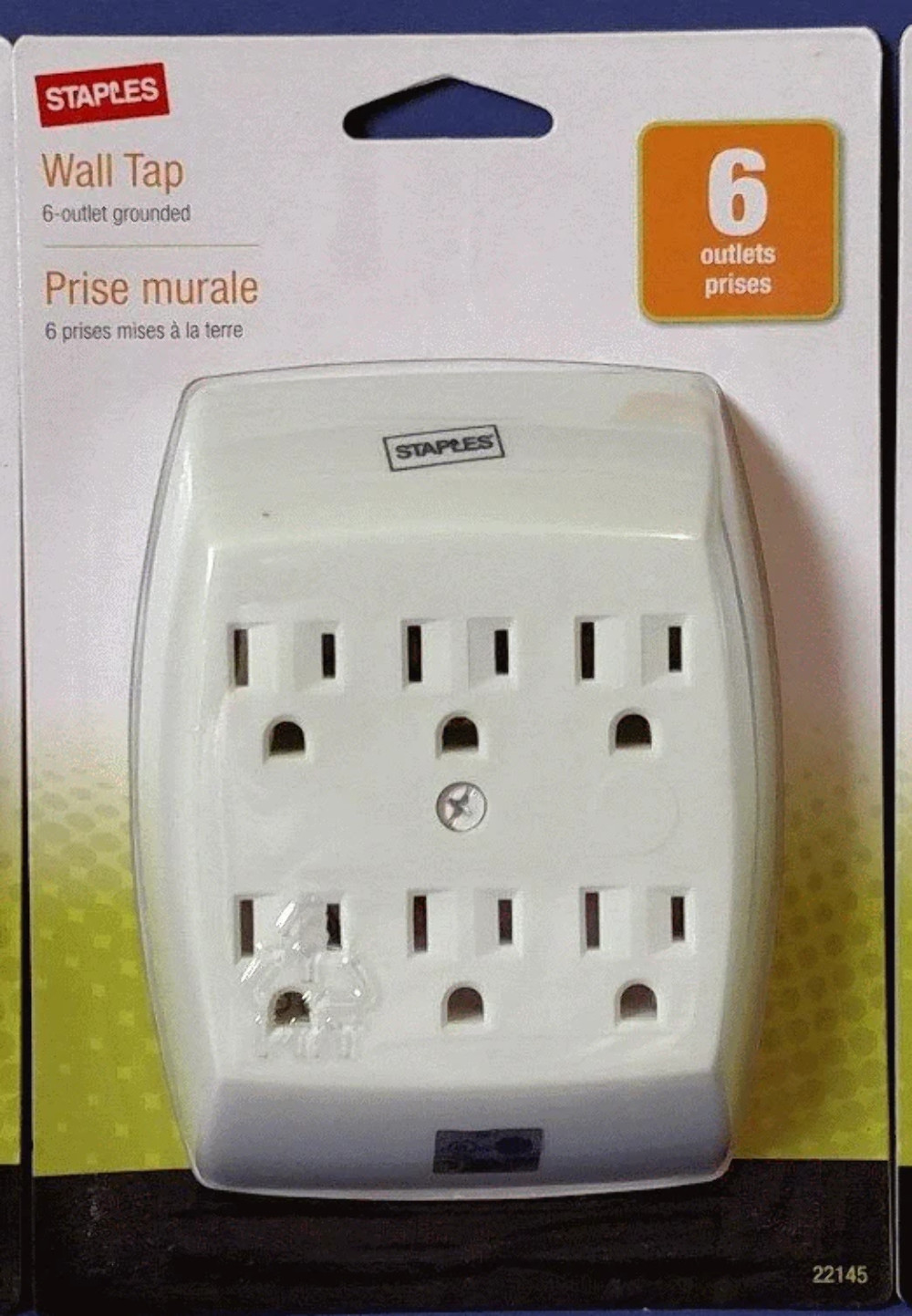 6 Outlet Grounded Wall Tap for 3 Prong Outlets  Staples 22145 New Sealed
