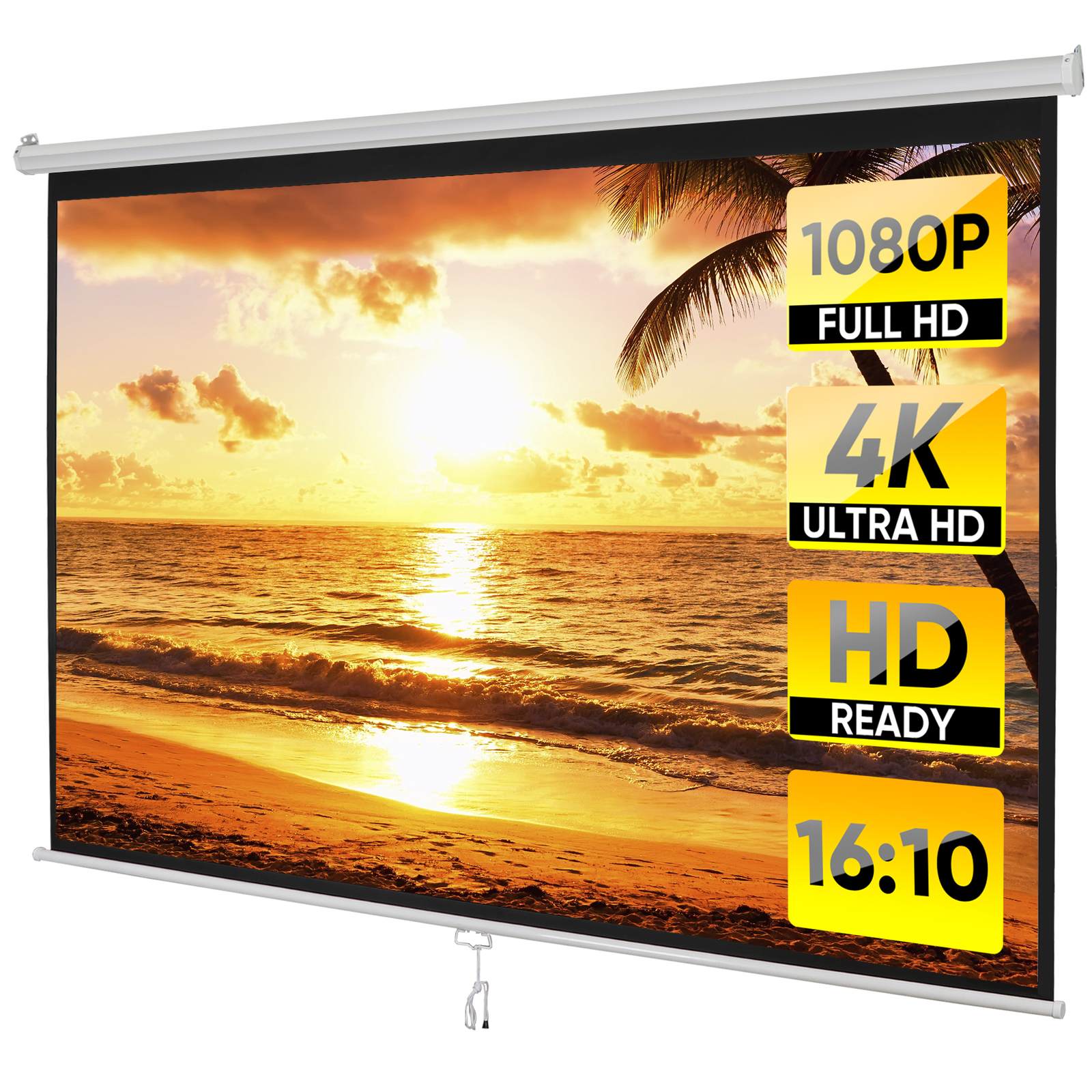 100"Manual Projection Screen Pull Down 16:10 HD Projector 4K Widescreen for Home