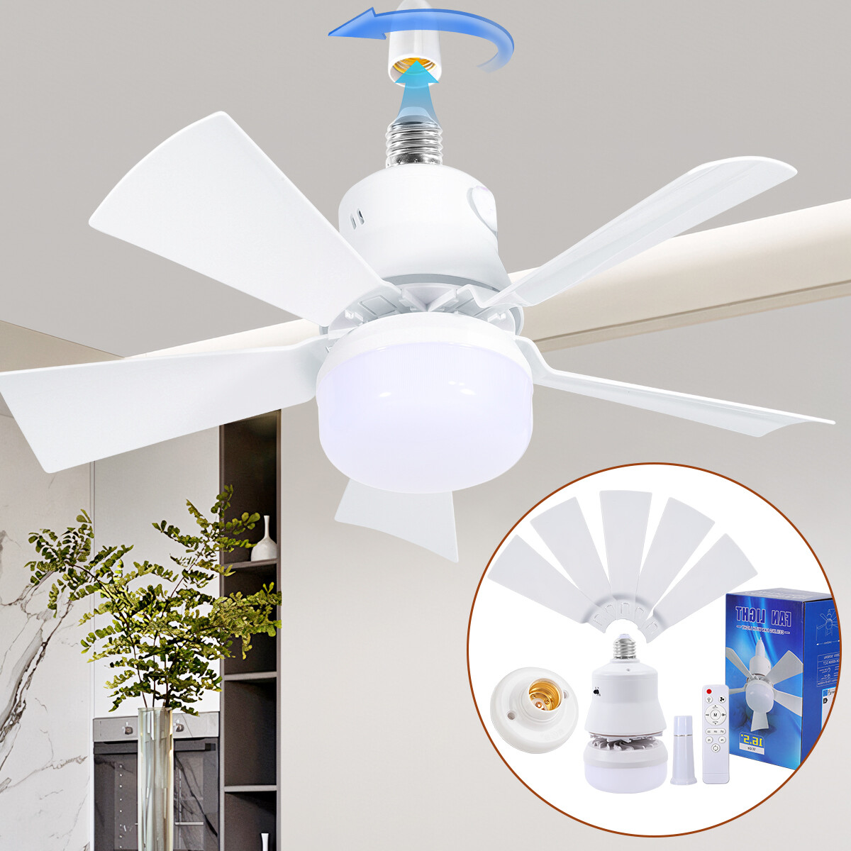 2in1 E27 Socket Ceiling Lights with Fan 30W Dimmable Bedroom LED Fan Lamp+Remote