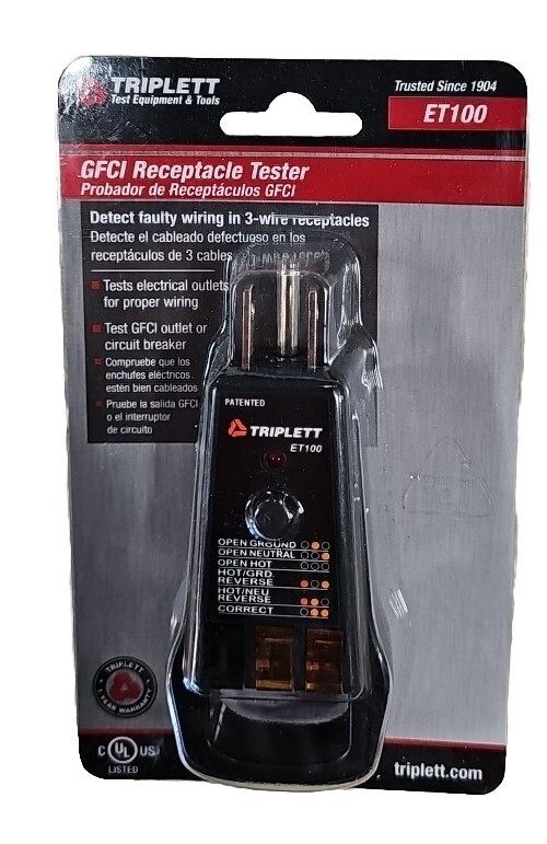 TRIPLETT ET100 GFCI Receptacle Tester with Pull Handle