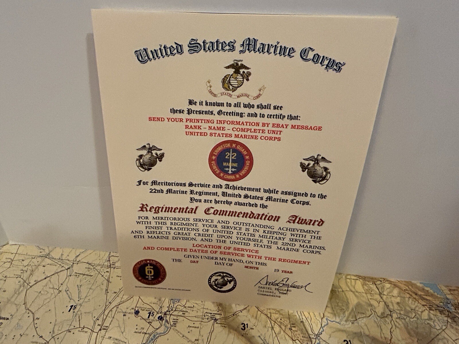 U.S.M.C. / 22ND MARINE REGIMENT - REGIMENTAL COMMENDATION AWARD CERTIFICATE