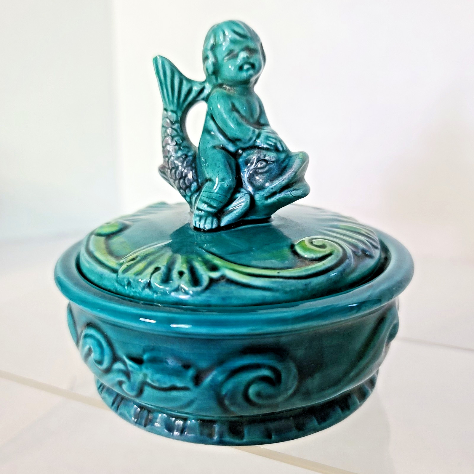 VTG HTF Enesco Trinket Jewelry Box Boy on Fish E-8250 Teal Bowl Tail Chip READ