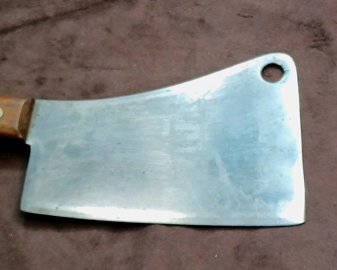Vtg Very Nice Well Balanced 5.5" Carbon Steel Cleaver, W/ Wood Scales, Unbranded