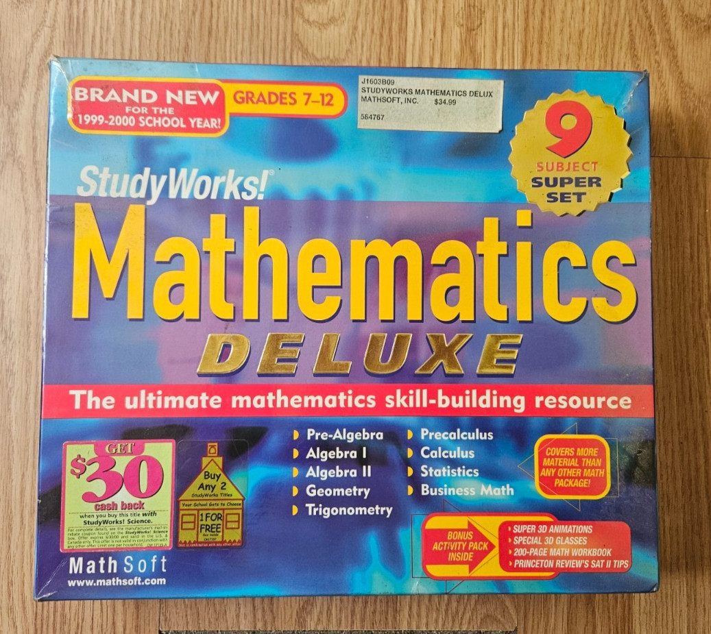 StudyWorks Mathematics Deluxe PC CD-ROM Complete Box Workbook 3D Glasses