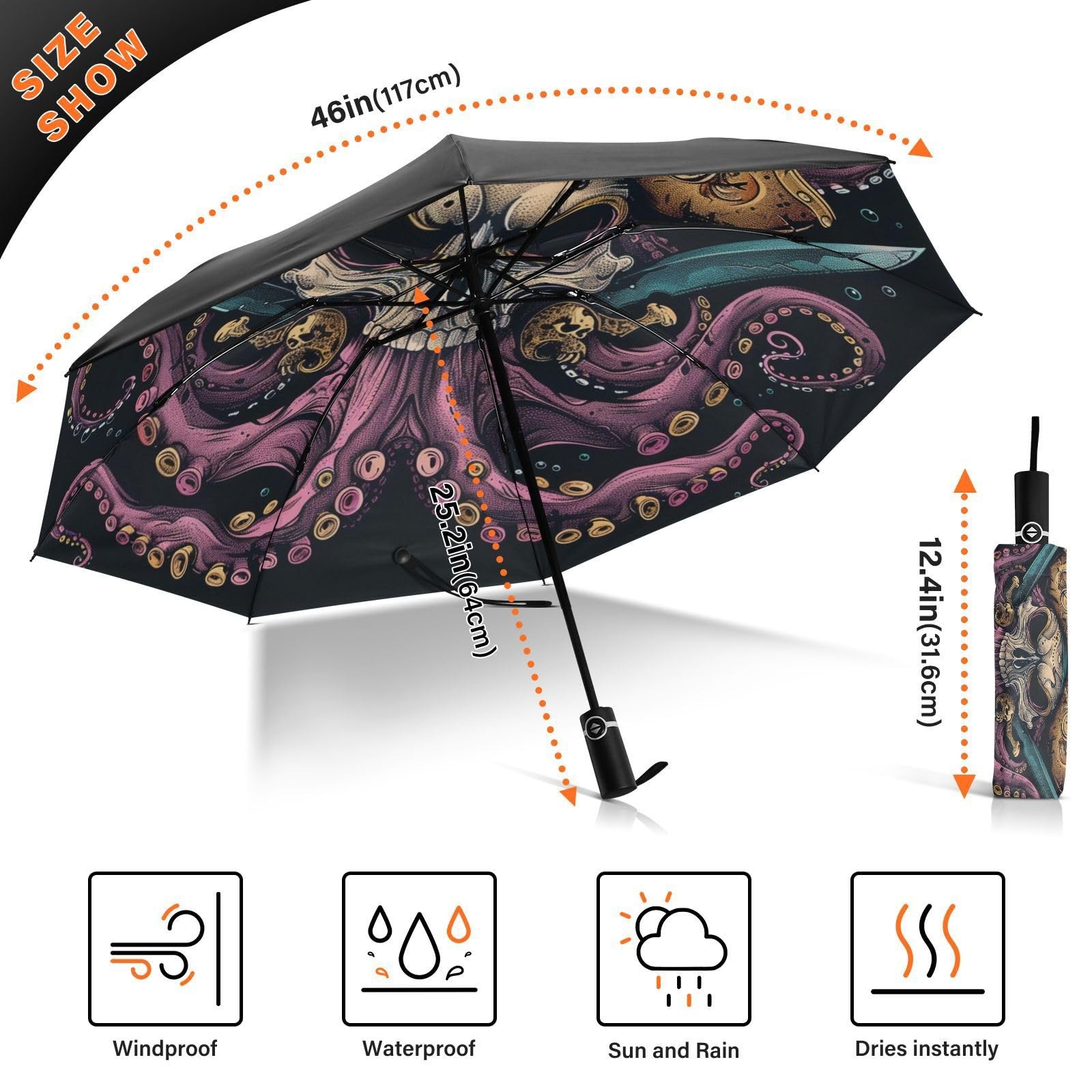 Large Windproof Umbrella Auto Open Folding Umbrella, 8 Ribs Rain Proof Revers...
