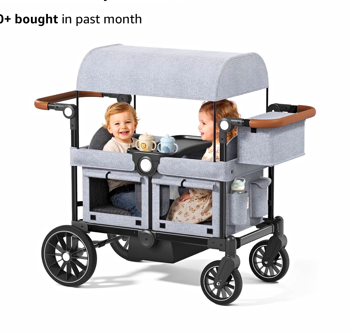 Kinder King Folding Pull-Along Wagon, Double Seat, Canopy, Gray, Adj Handle