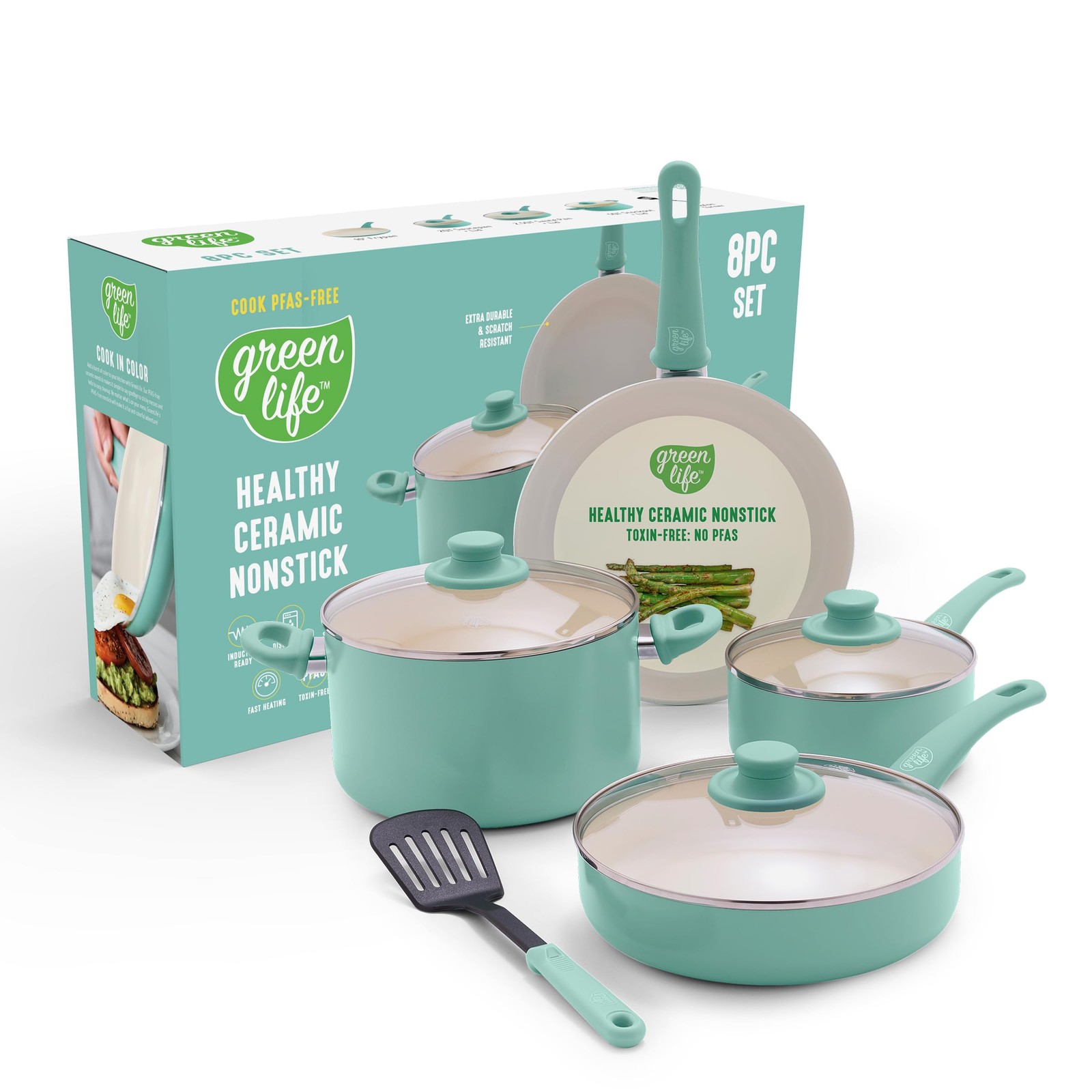 GreenLife 8 Piece Nonstick Cookware Set, Non-Toxic PFAS-Free Ceramic Pots &...