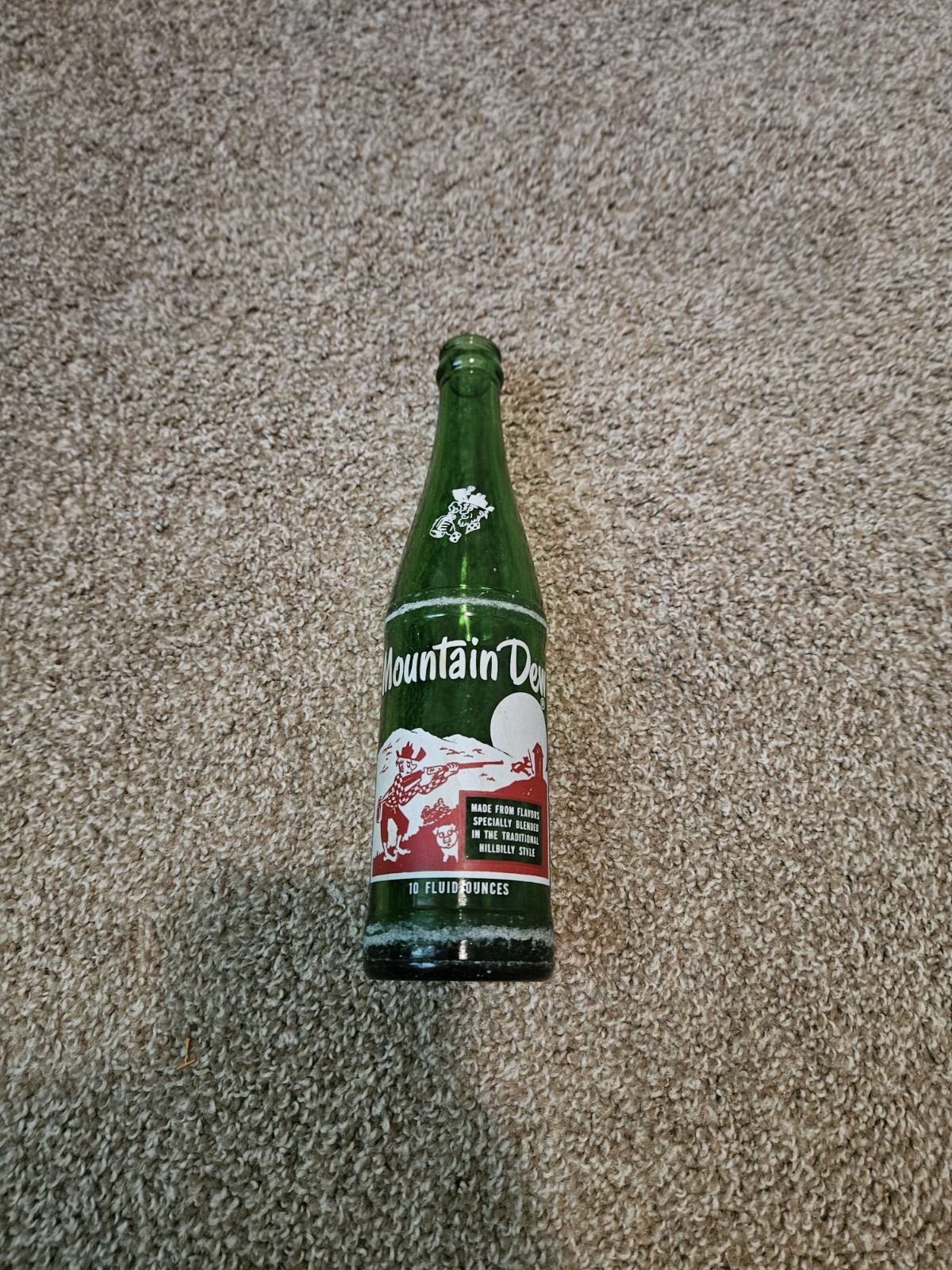 Vintage 1960s Mountain Dew Hillbilly Soda Bottle 10 oz Green Glass Collectible