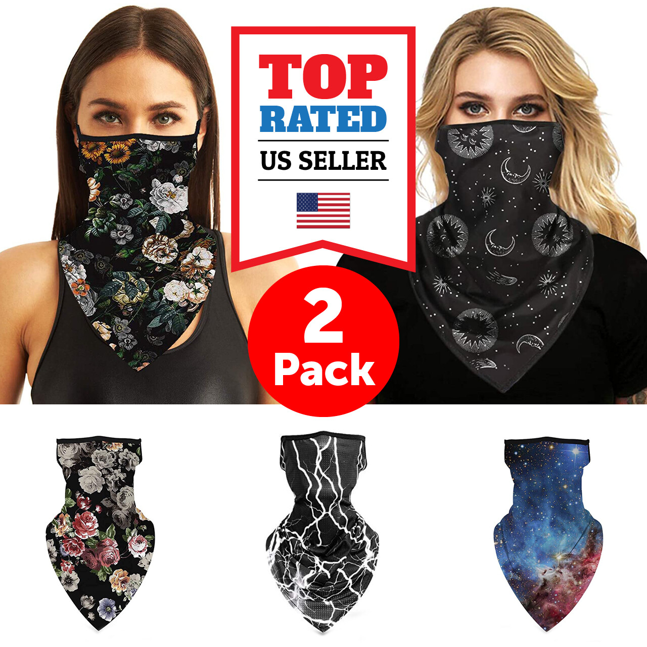 2 Pack Nature Flower Bandana Face Cover w/Ear Loop Mask Neck Gaiter Washable