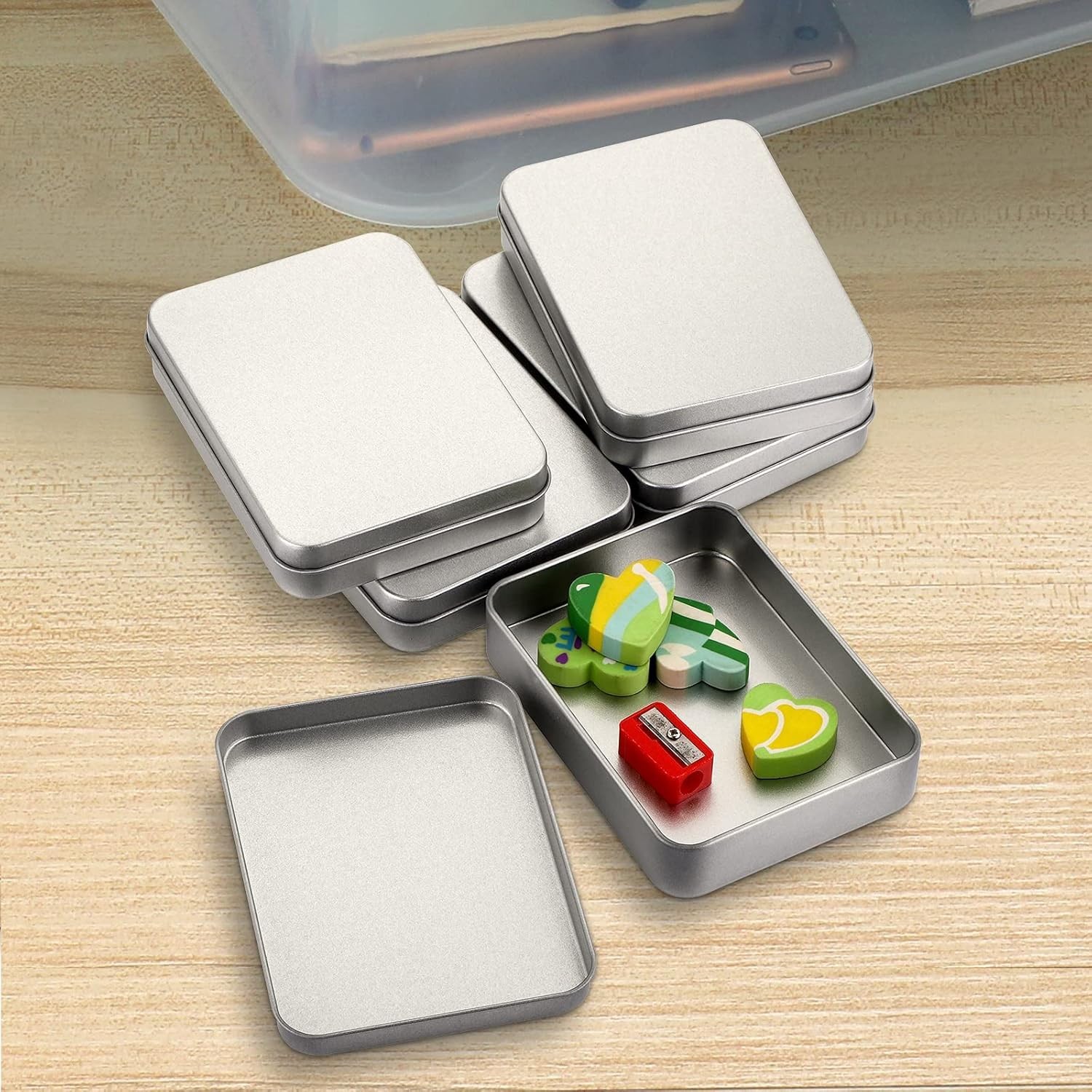 Rectangular Storage Tins Box with Lid Metal Silver 12 Pack