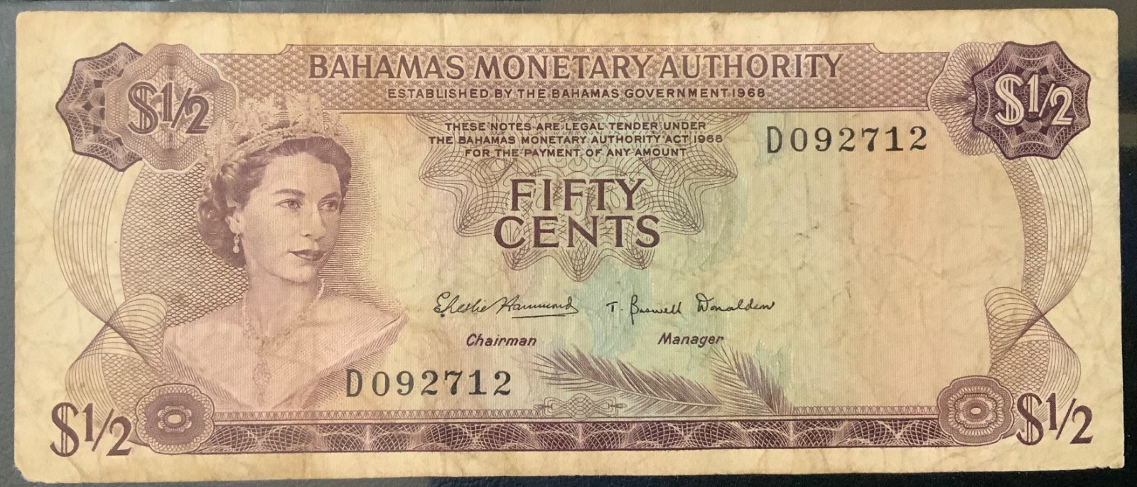 1968 BAHAMAS PAPER MONEY - 50 CENTS BANKNOTE!