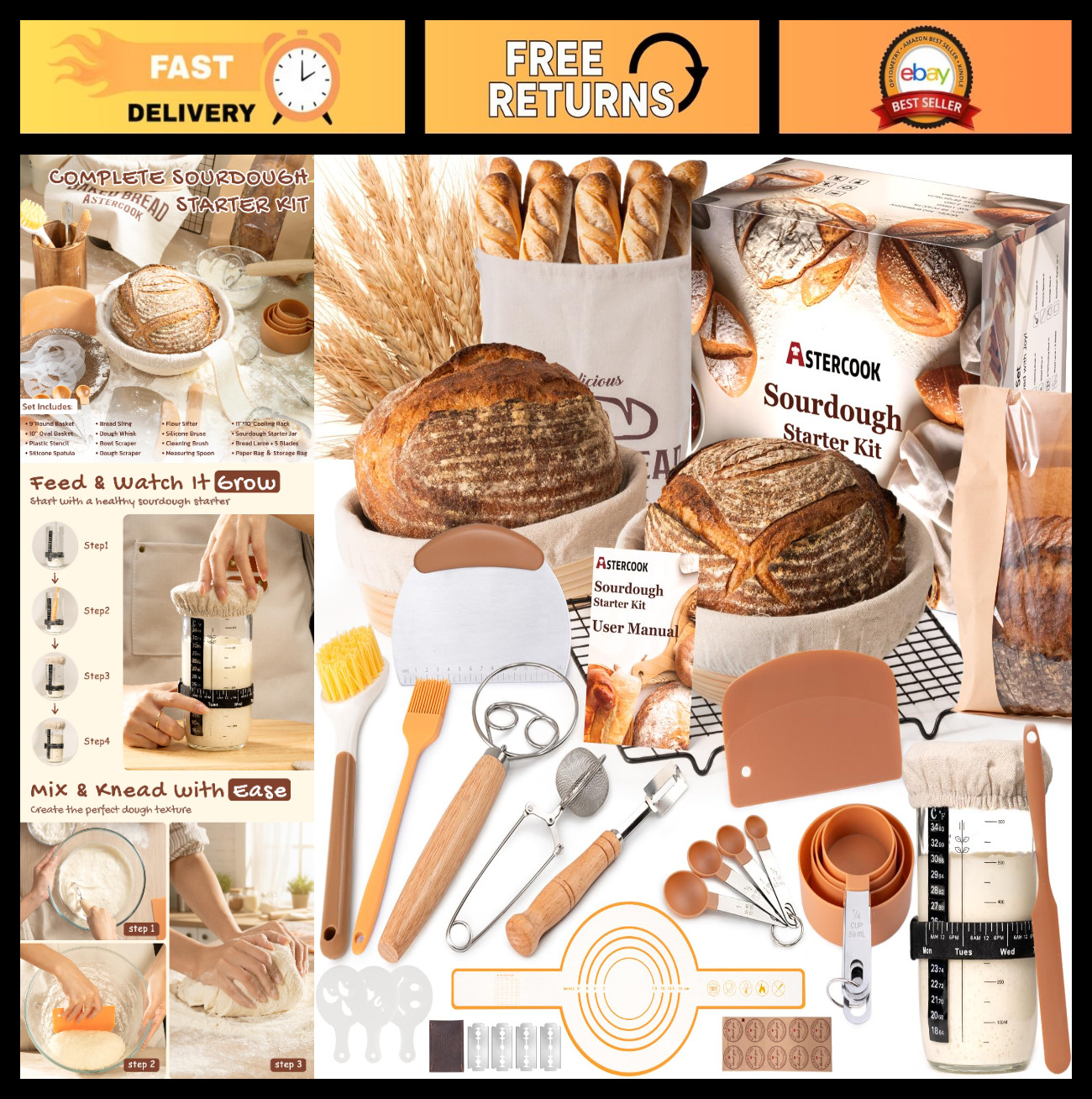 Sourdough Starter Kit with Banneton Proofing Baskets, Dough Whisk & Scrapers - P