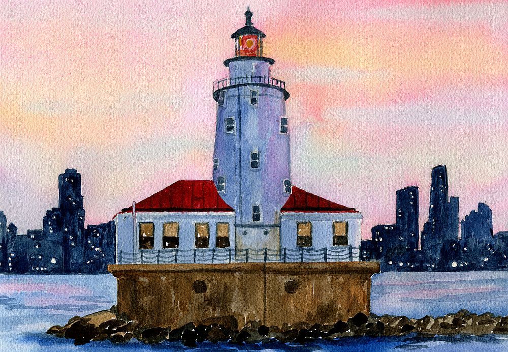 Chicago Harbor Lighthouse, IL. Lake Michigan Sunset. Watercolor Art Notecards