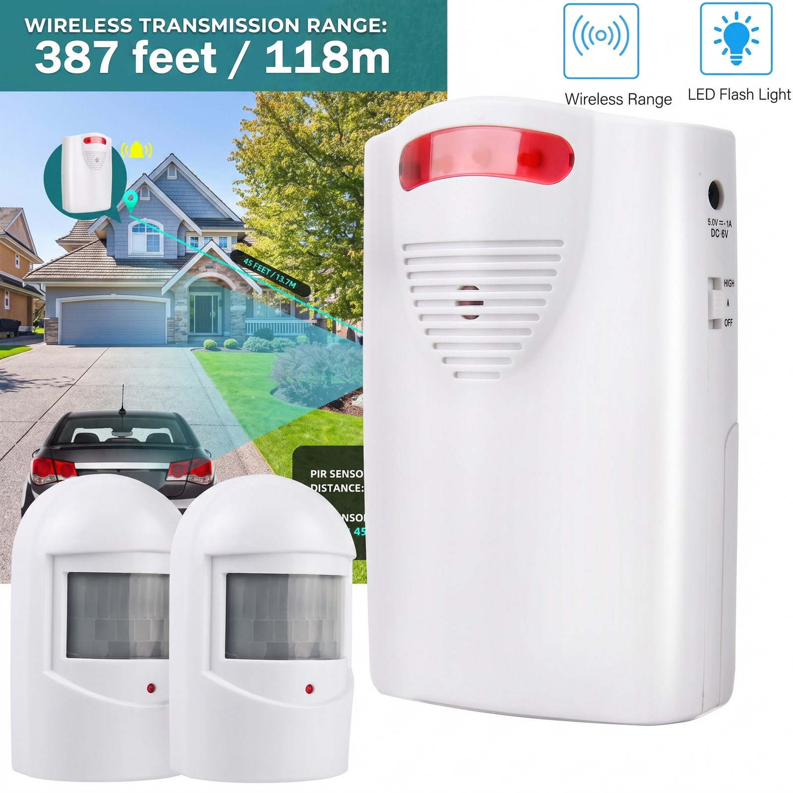 Wireless Driveway Alarm IP44 Weatherproof Detector For Home Farm Property Safety