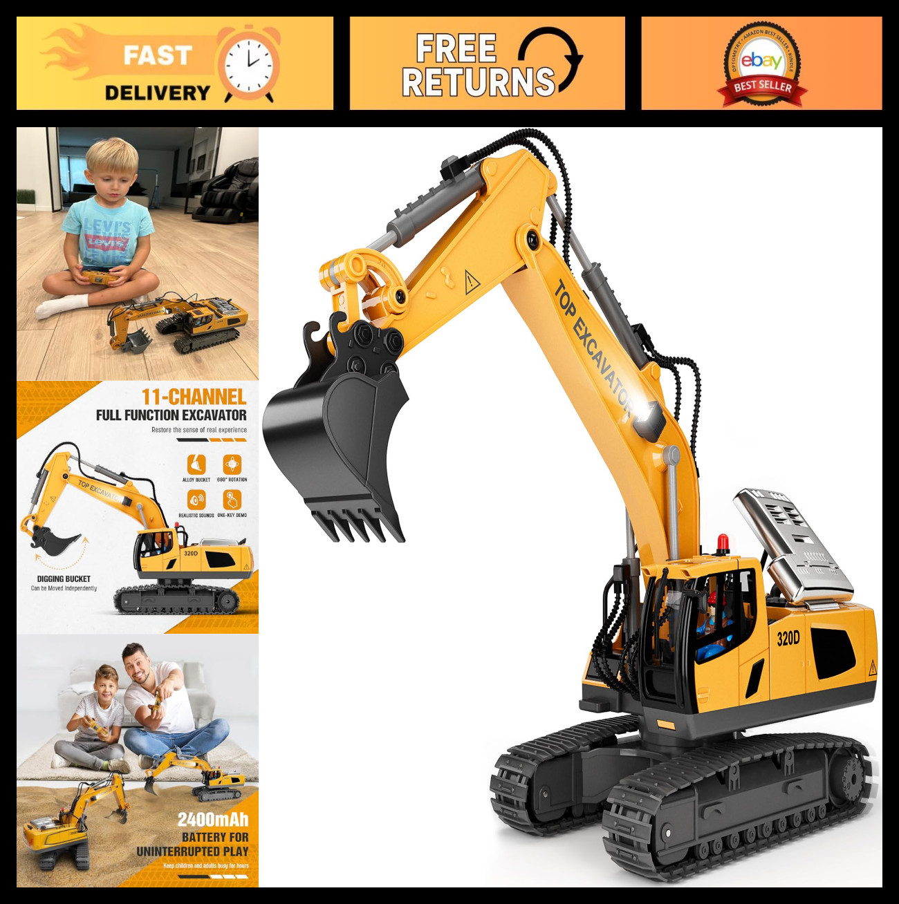 Remote Control Excavator Toy - 11-Channel Metal Truck, Lights, 2 Batteries, 120