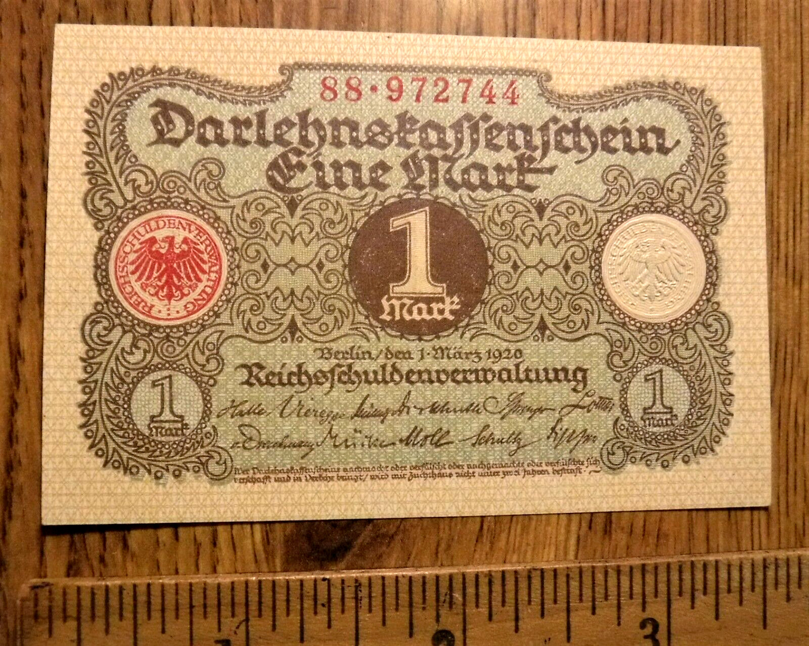 GERMAN REICHSBANKNOTE 1 MARK BERLIN 1920 HIGH GRADE NOTE (N28)