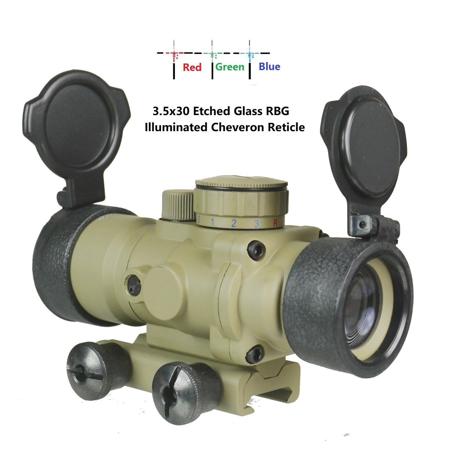 Tan Dark Earth 3.3X30 Compact Prism Scope, Red Blue & Green Illu Etched Glass