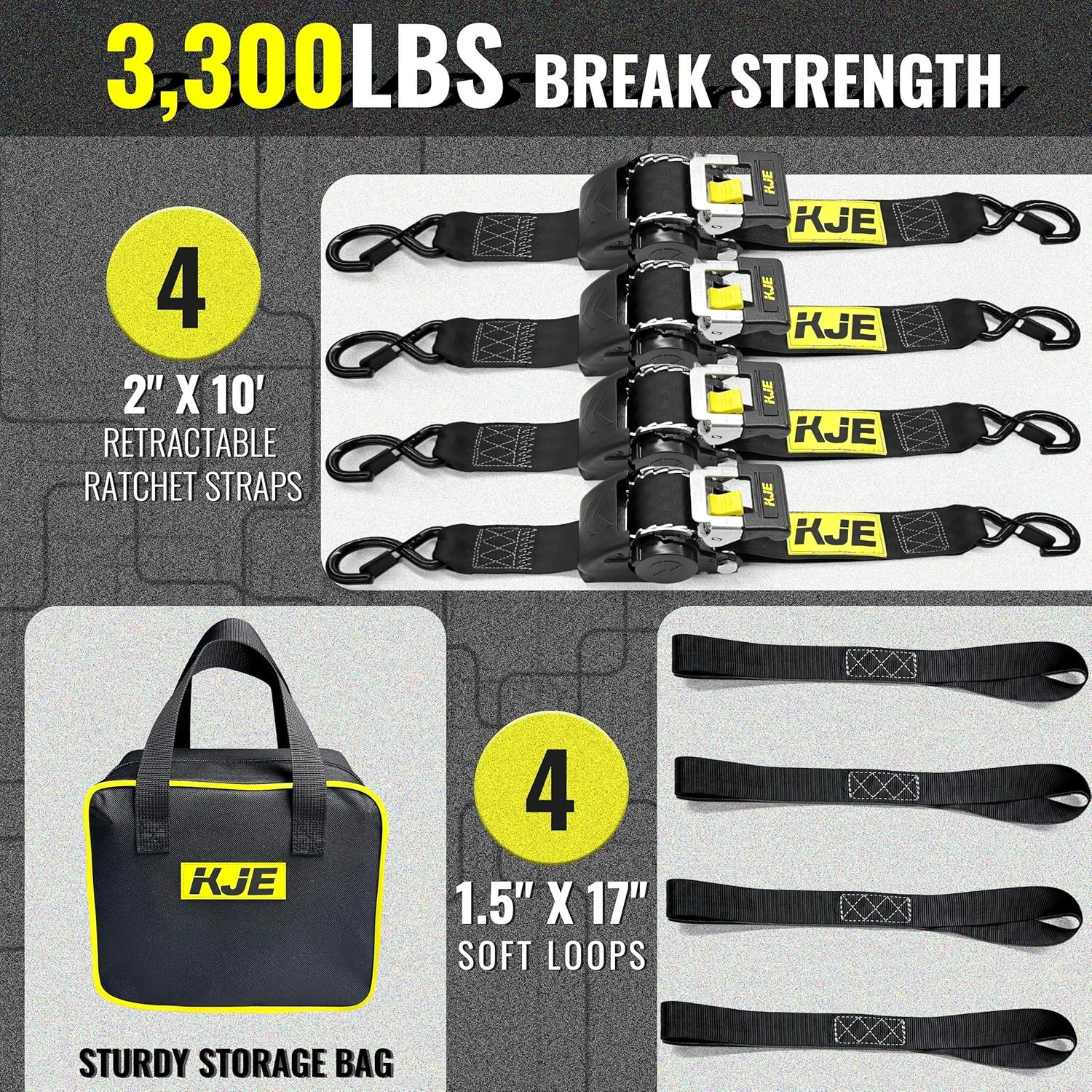 KJE Retractable Ratchet Straps, (4) 2" x 10' Automatic Tie Down Strap Sets + (4)