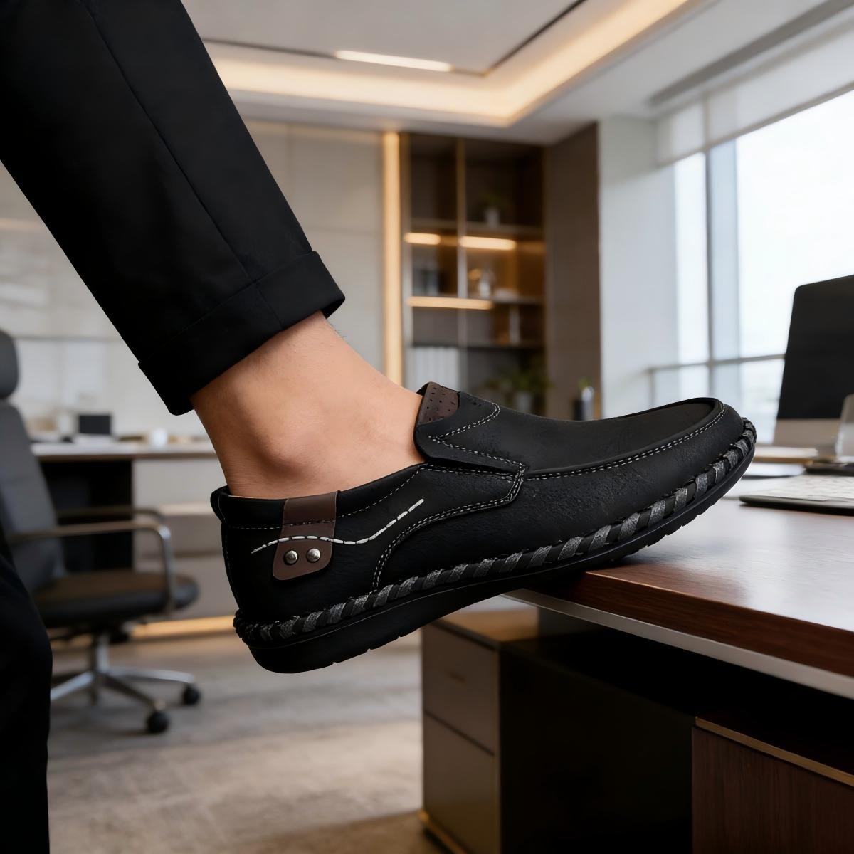 Men's Handmade Leather Loafers - Slip-On Casual Leisure Shoes for Driving & Work