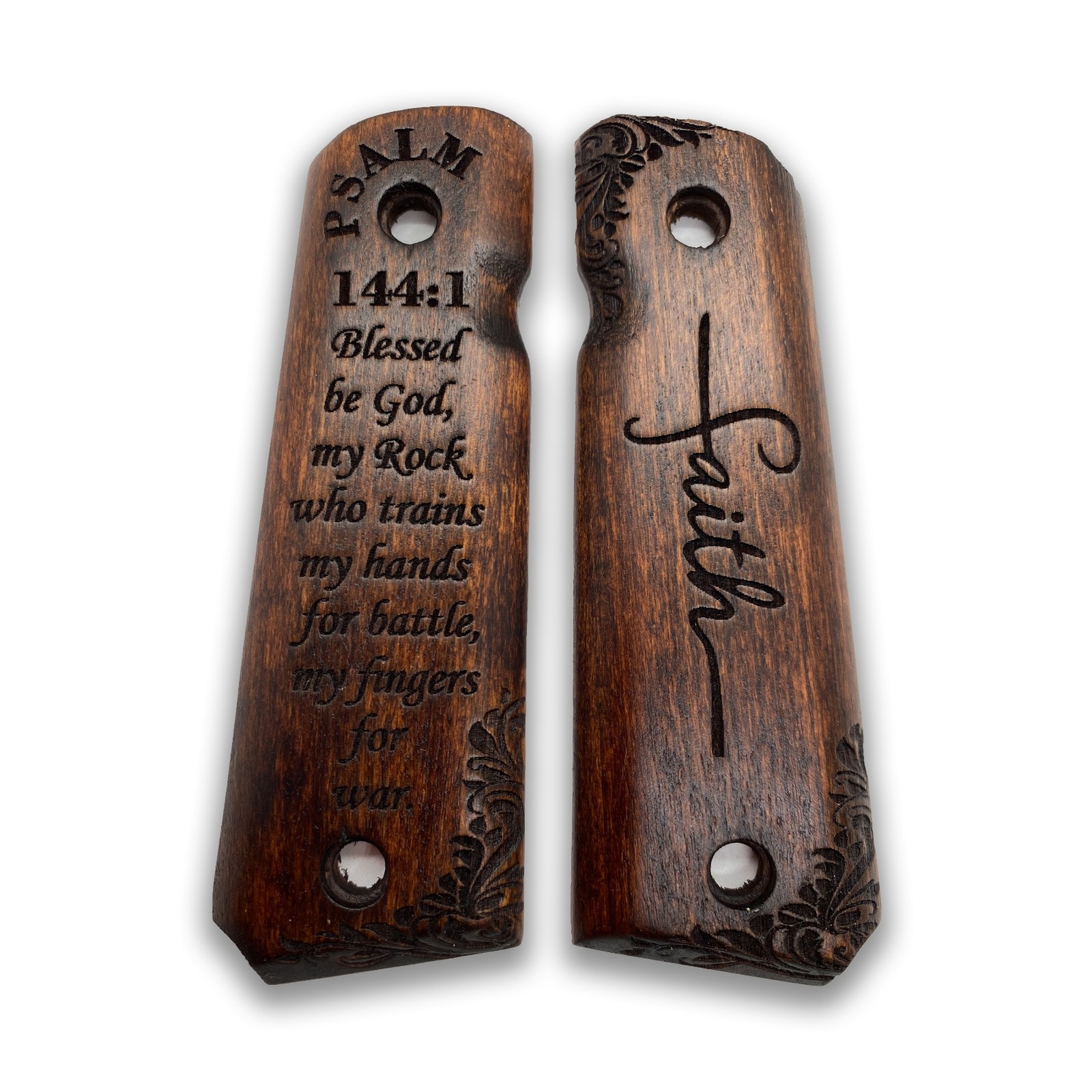 Colt 1911 Walnut Grips - Psalm 144:1 Warrior Training Battle Faith - Multiple Co
