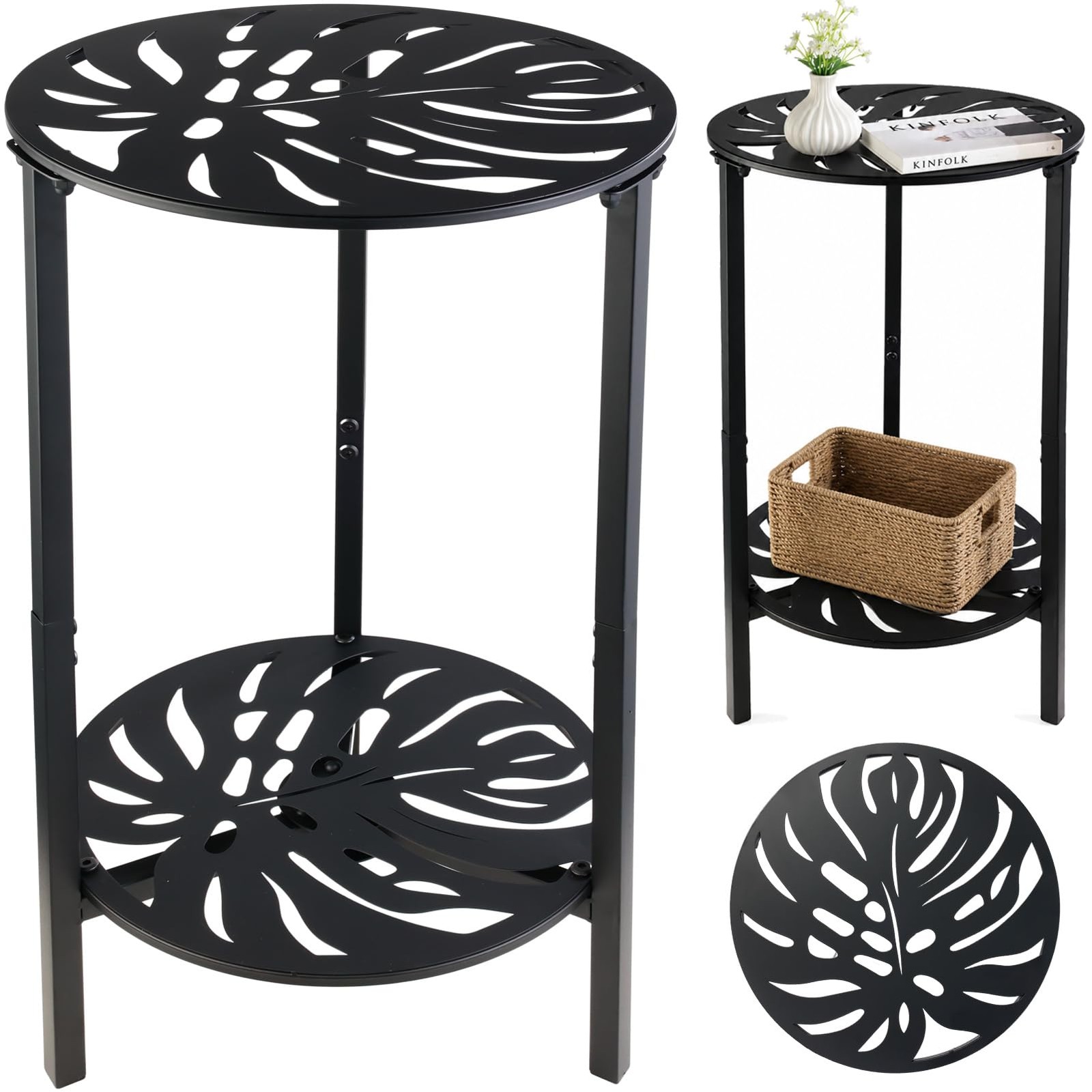2-Tier Metal Round Side Table Black Accent Coffee Tables Small Space Corner P...
