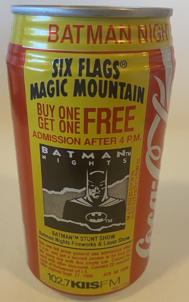 12 oz. COKE CAN ( SIX FLAGS- MAGIC MOUNTAIN, BATMAN ) EMPTY BOTTOM OPENED