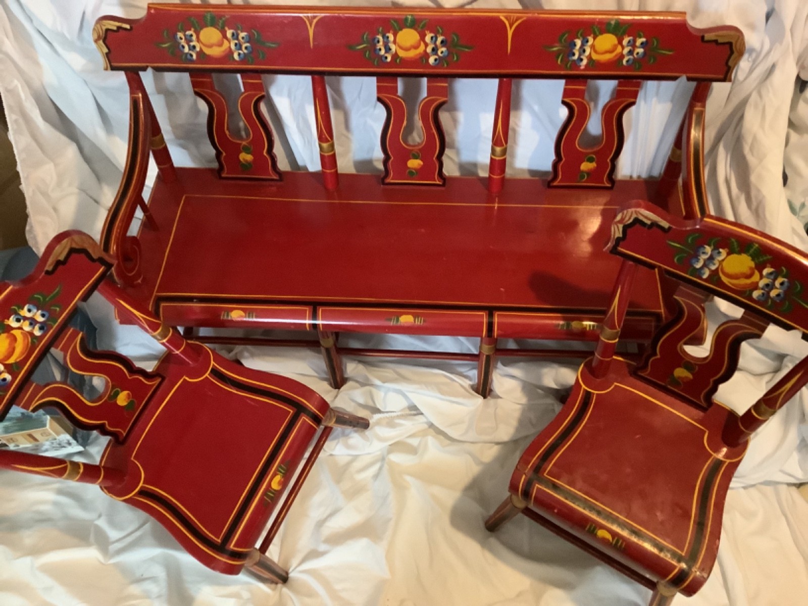J.S. EBERSOL GORGEOUS RED 3-PIECE KIDS ANTIQUE BENCH AND 2 CHAIRS FROM 1940’s.