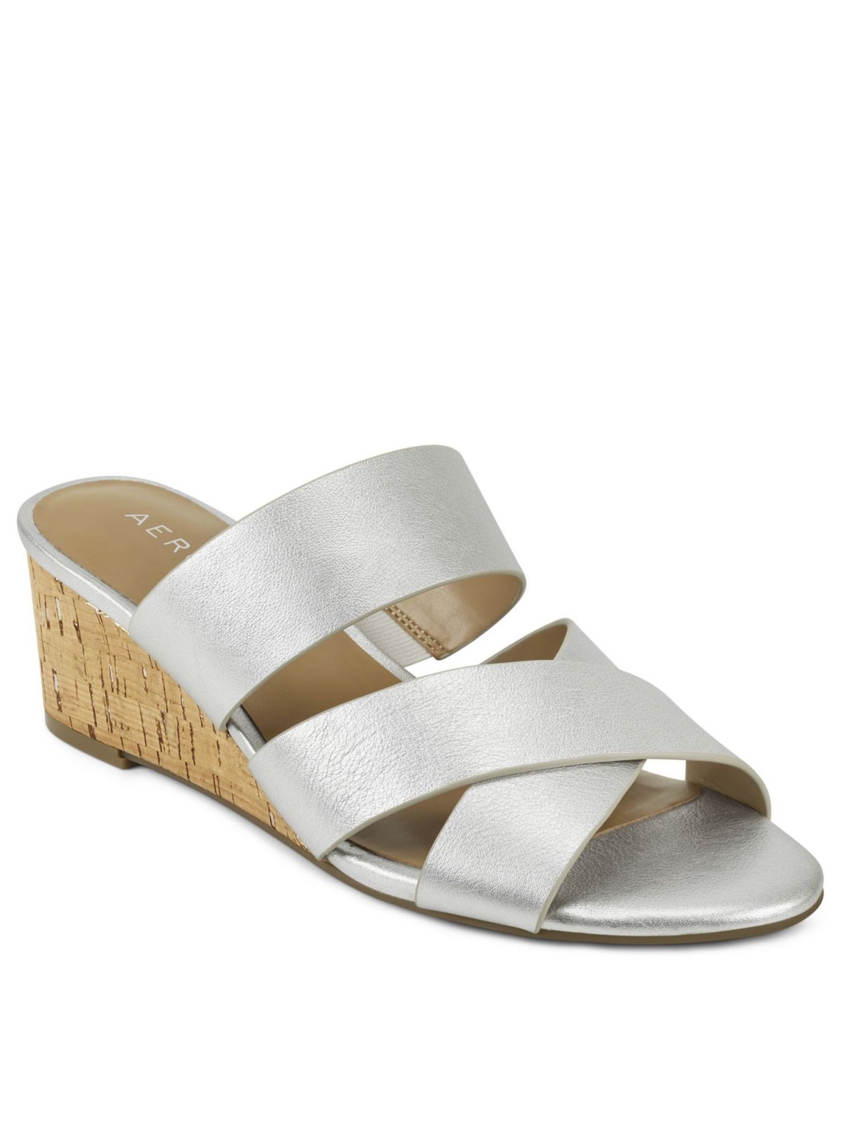 AEROSOLES Womens Silver Westfield Almond Wedge Slip On Leather Slide Sandals 6 M
