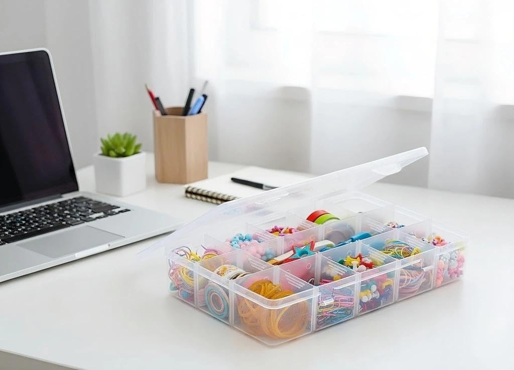 2 Pack Plastic Organizer Box with 14 Removable Dividers,15-Compartment Clear ...