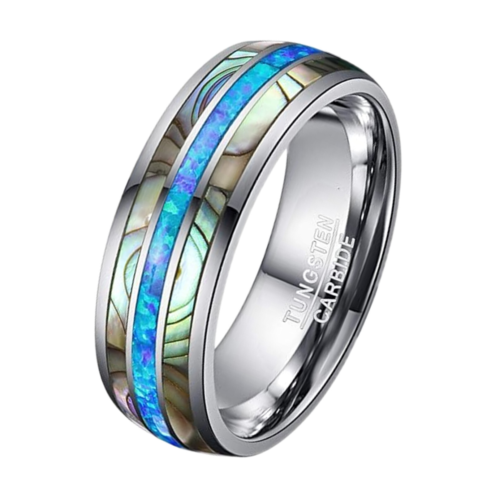 8mm Mens Tungsten Ring Blue Opal Abalone Shell Wedding Engagement Band Size 6-14