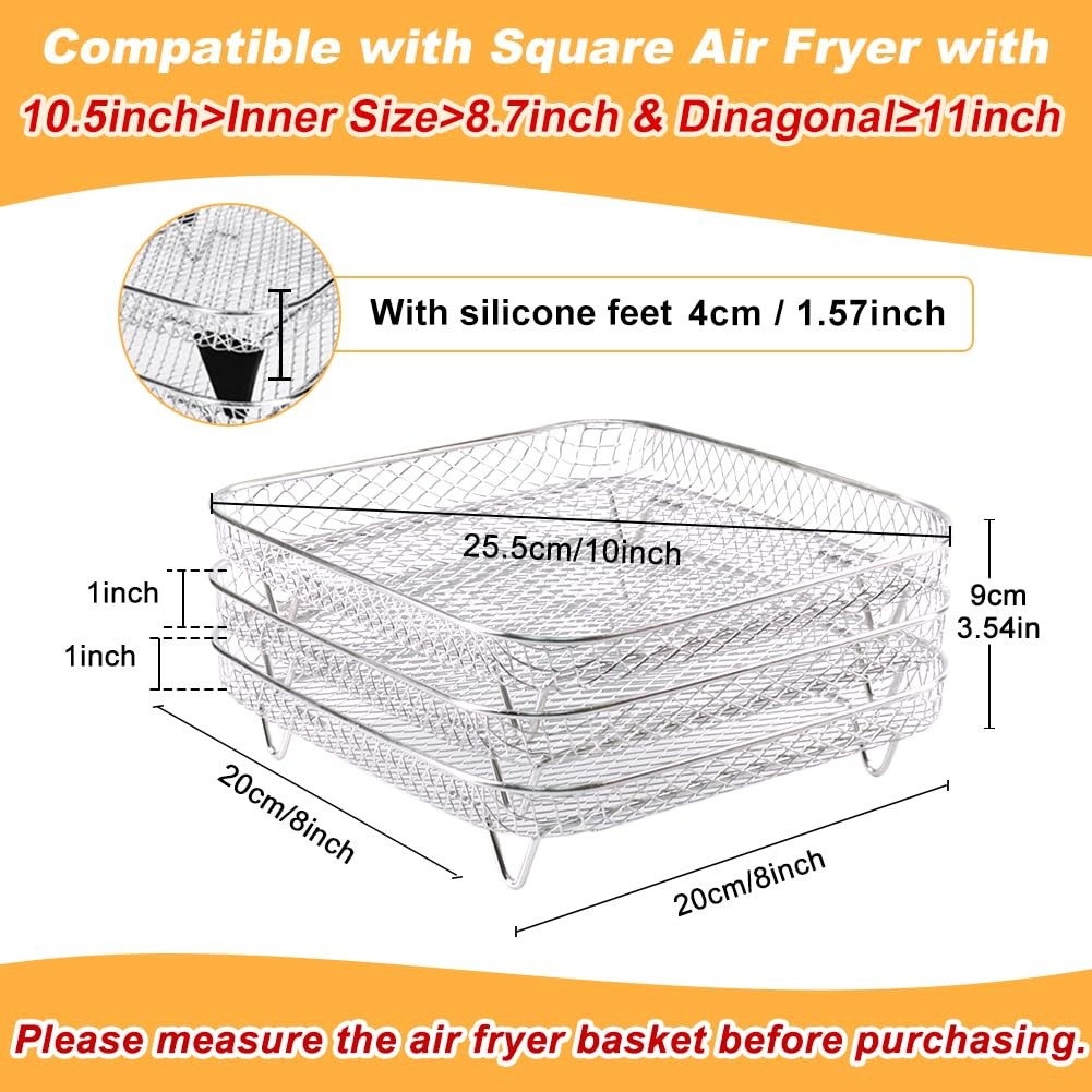 BYKITCHEN 8 inch Square Air Fryer Rack, 3pcs Stackable for 6-7.5 QT, Silver