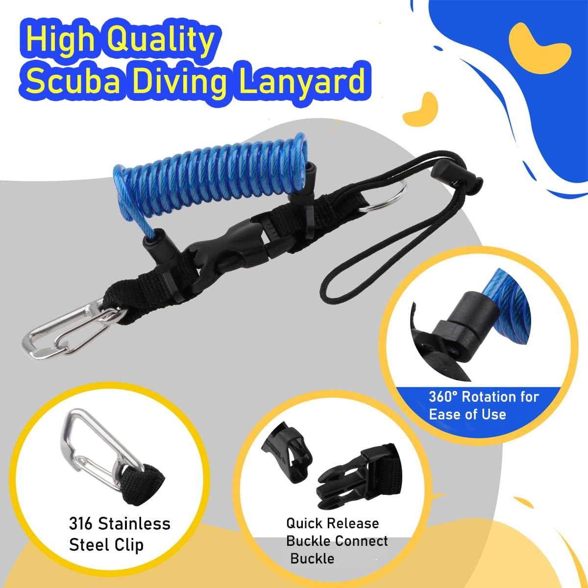 Scuba Diving Lanyard, Heavy Duty Spring Coiled Diving Clips