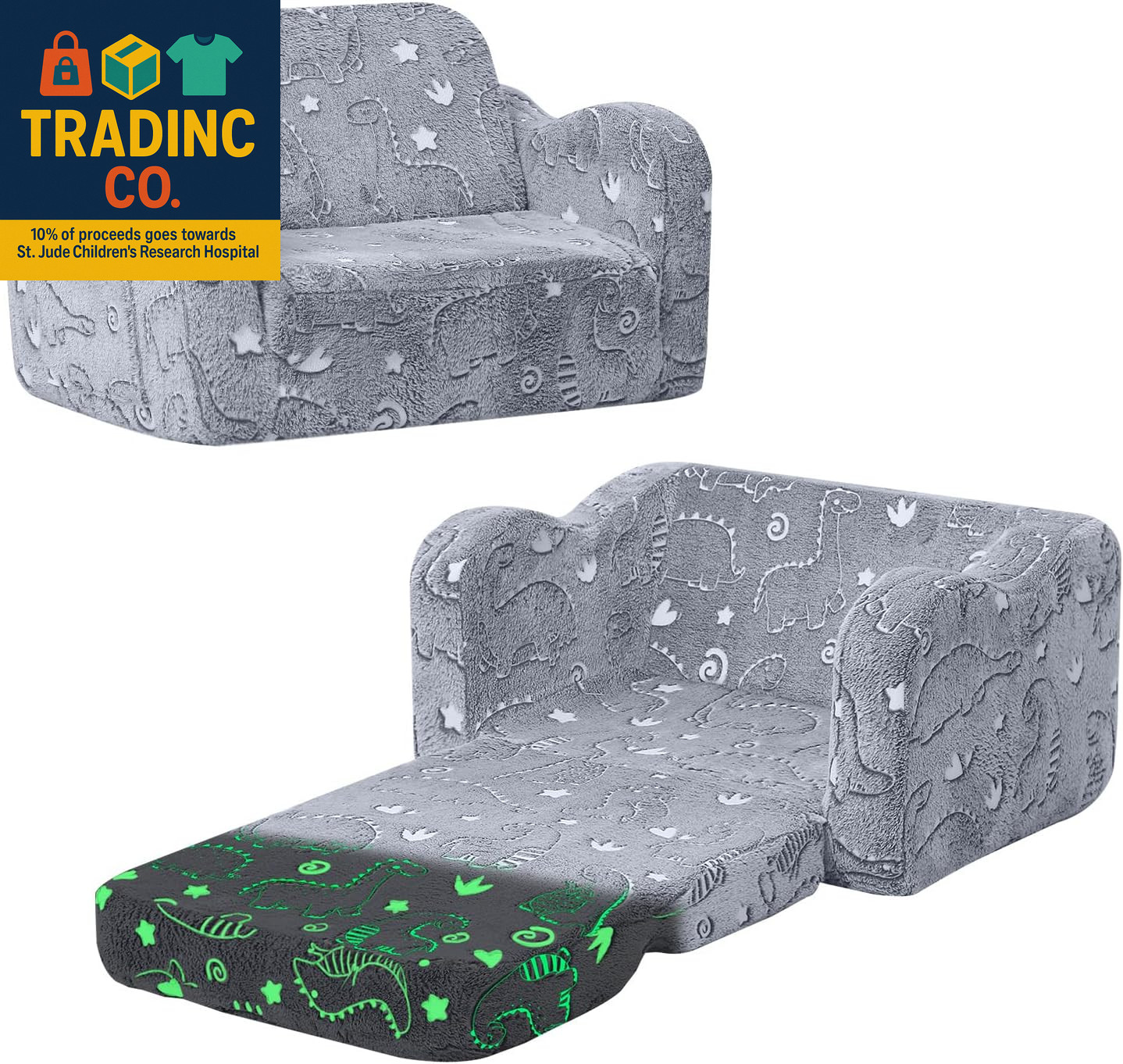 Kids Dinosaur Couch – Foldable Toddler Chair, Glow-In-The-Dark Flip-Out Sofa, Co