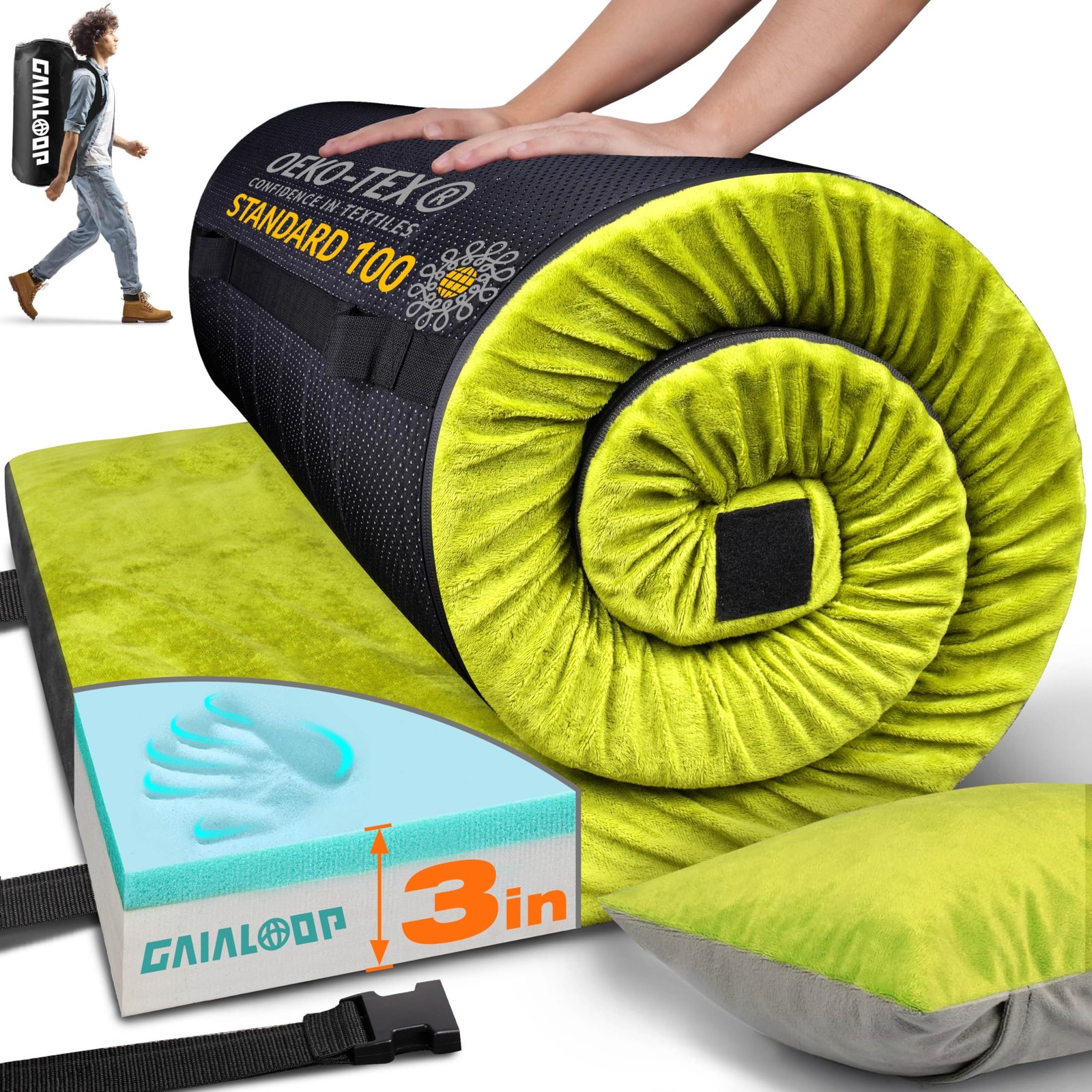 3 Inch Memory Foam Camping Mattress, Dual Layer Thick Sleeping Camp Pad for C...