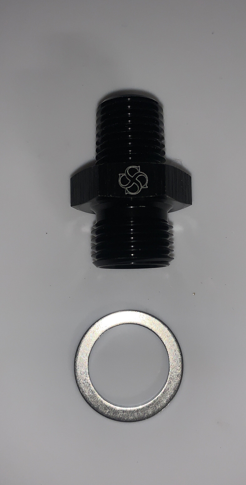 T180 M16 X 1.5 X 1/4 NPT Fitting Adapter Metric Black Aluminum w/ Crush Washer