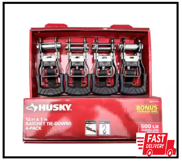 HUSKY RATCHET TIE-DOWN STRAPS 4-PACK 1 in. x 12 ft. Quick Release Hook 1500 lbs.