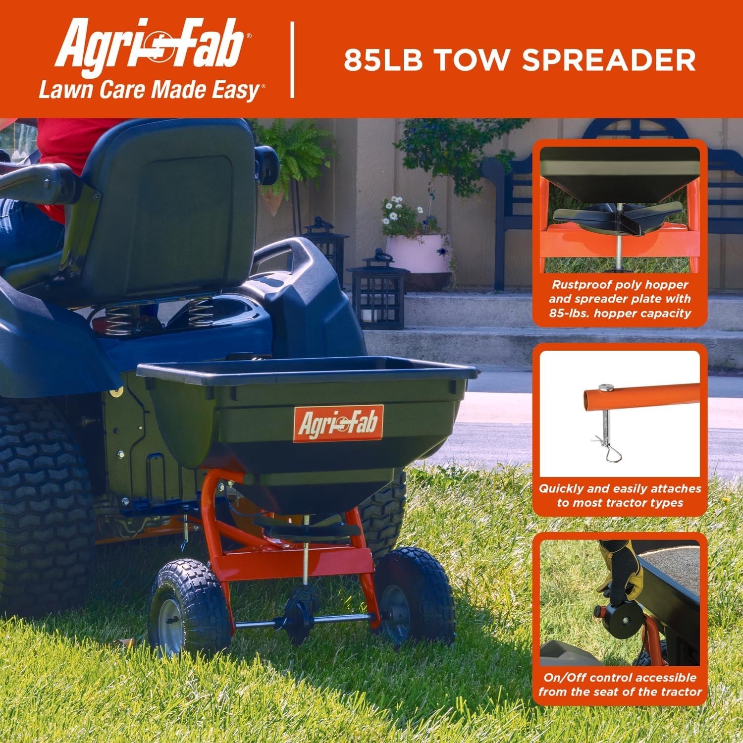 Compact 85 lb Pneumatic Tow Spreader for Effortless Lawn Maintenance