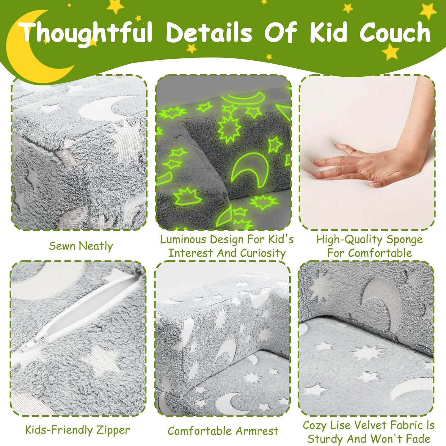 Kids Couch, 4Pcs Toddler Couch Sofa Bed, Glow-In-The-Dark Kids Chair Seat Playro