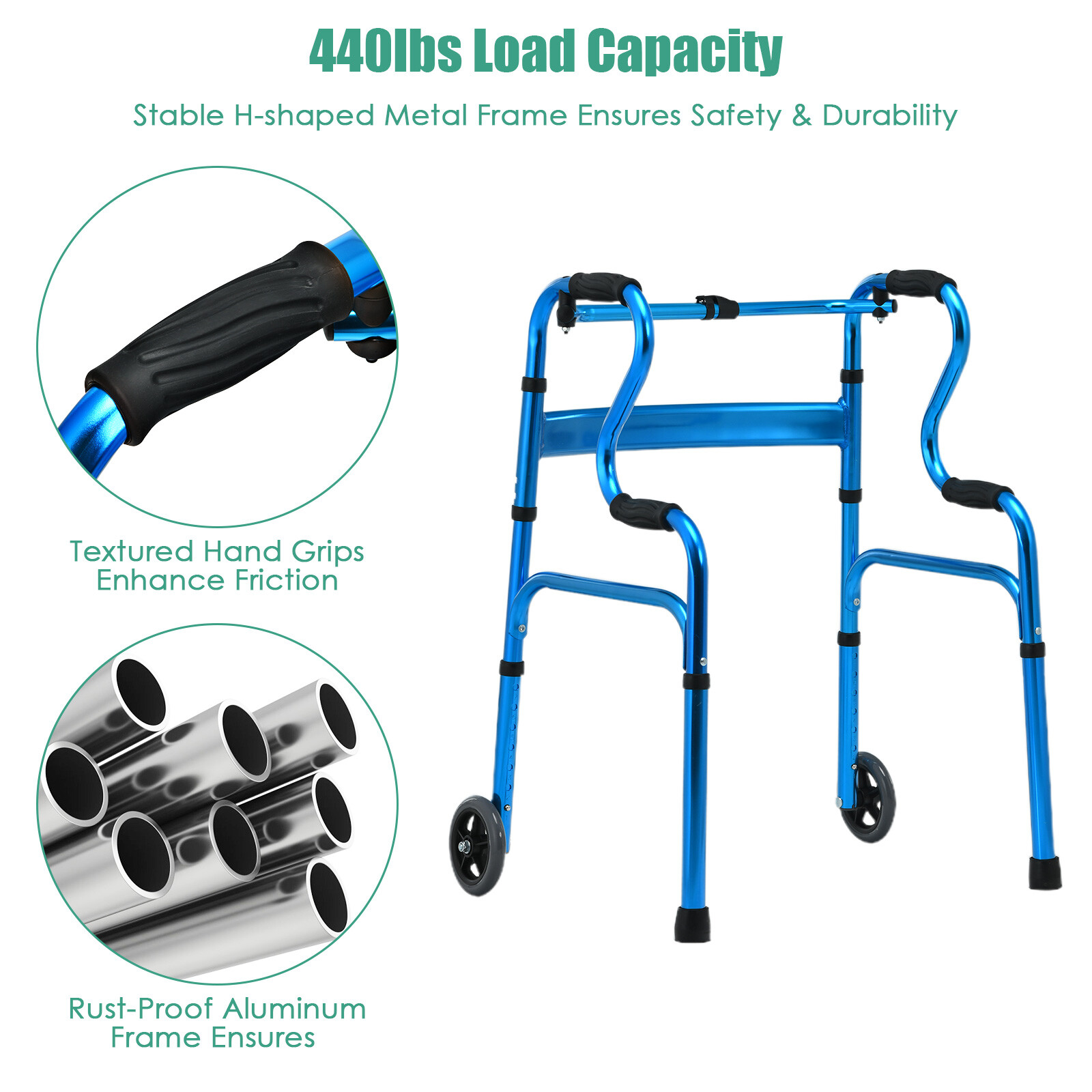 Goplus Heavy-Duty Folding 3 in 1 Stand-Assist Walker Aluminum Alloy W/Wheel Blue