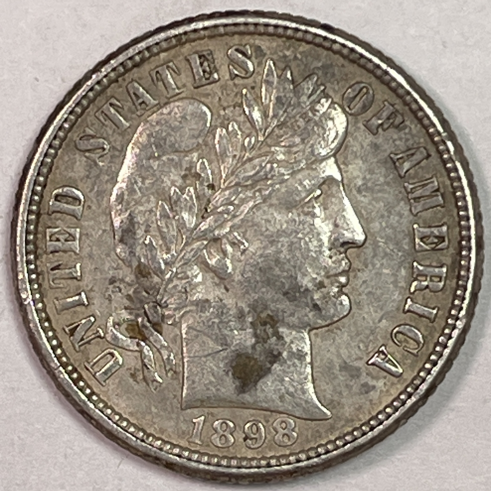 1898-O Barber Silver Dime Almost Uncirculated AU Coin, Lightly Cleaned #15410