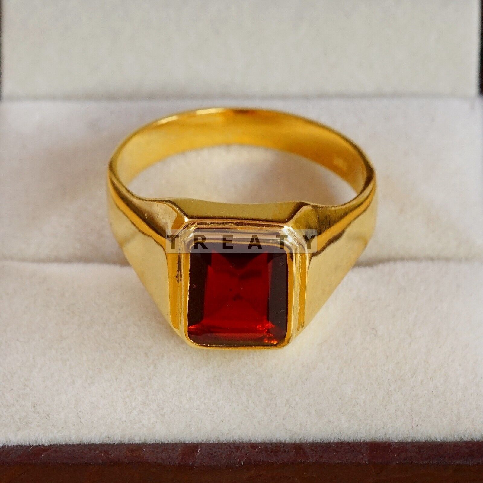 Garnet Emerald Cut With 14K Solid   Gold  Ring For Men's #B748