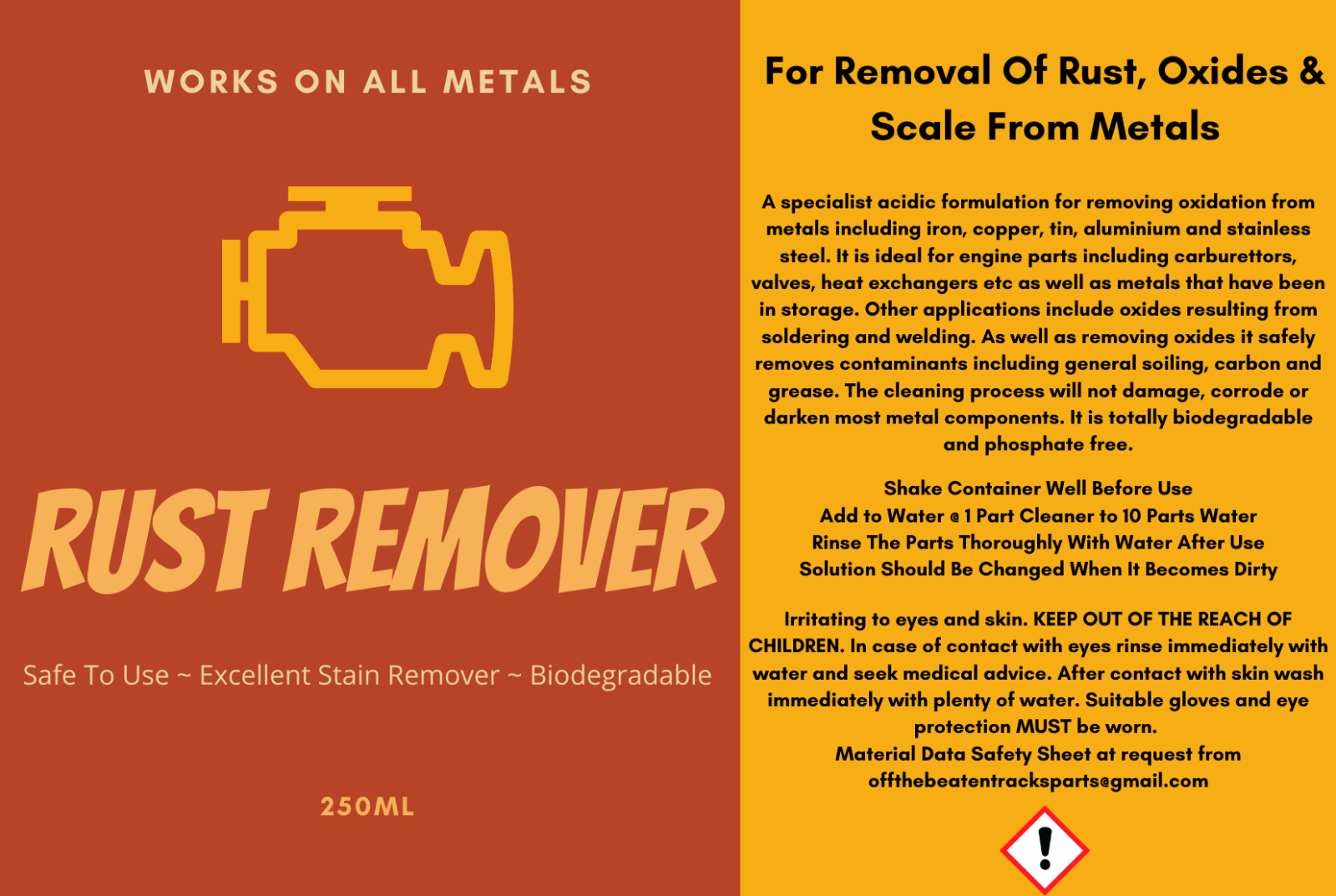 Rust Remover Liquid Dip Solution Use On All Metals Removes Oxides & Scale 250ml