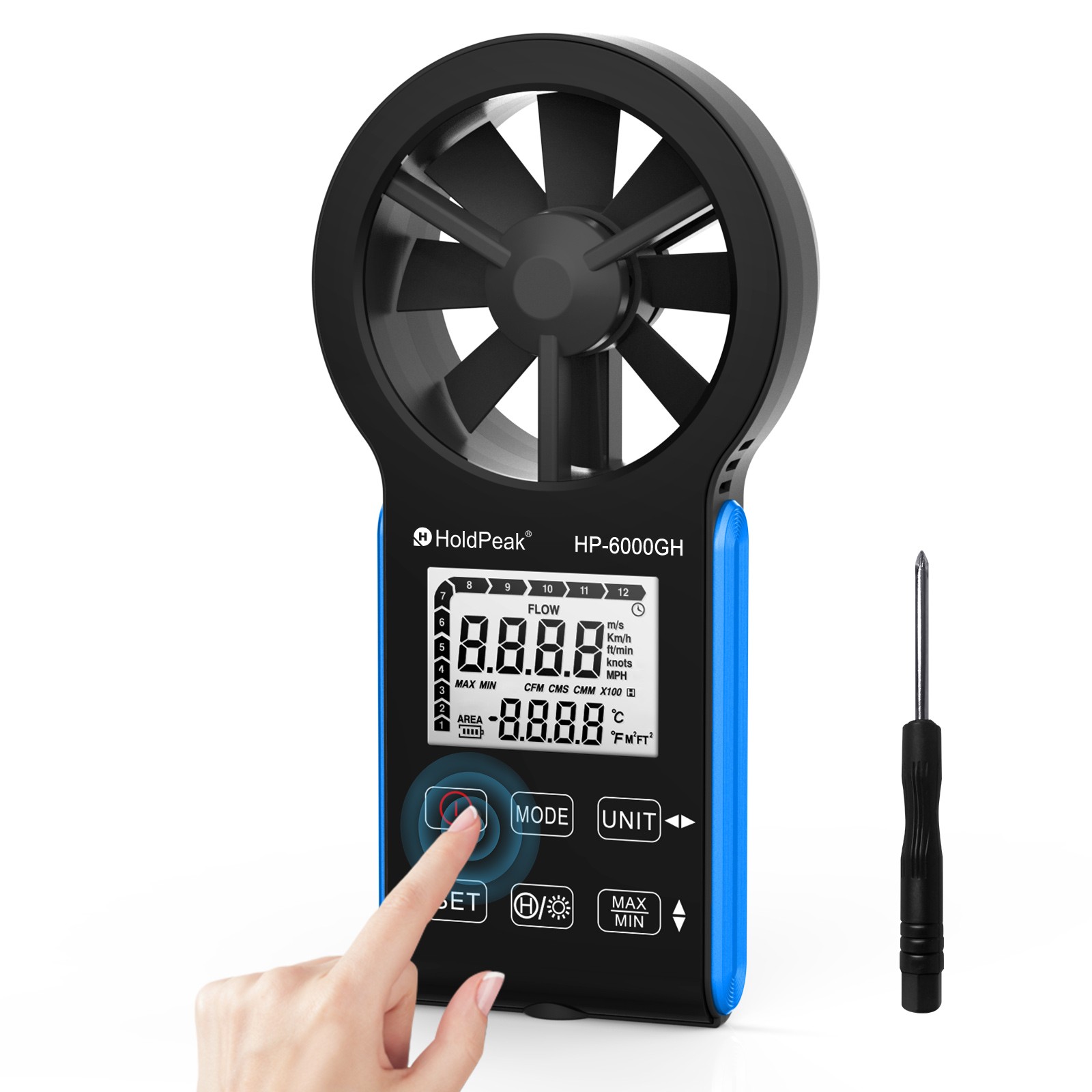 Holdpeak Wind Speed meter MAX/MIN/AVG 30M/S Air Volume Temperature Touchscreen