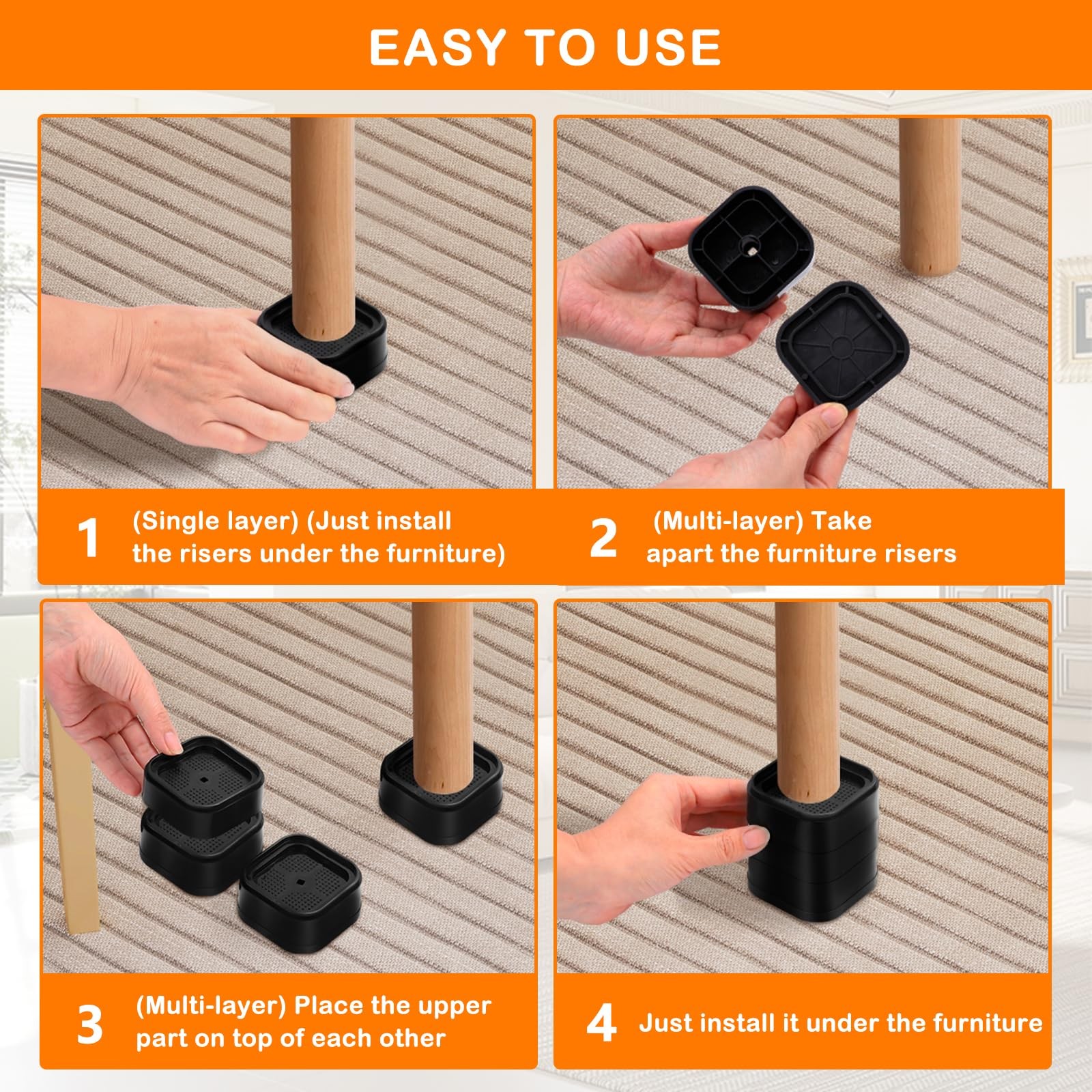 12 PCS Adjustable Furniture Bed Risers Square Stackable Heavy Duty Black 1 Inch